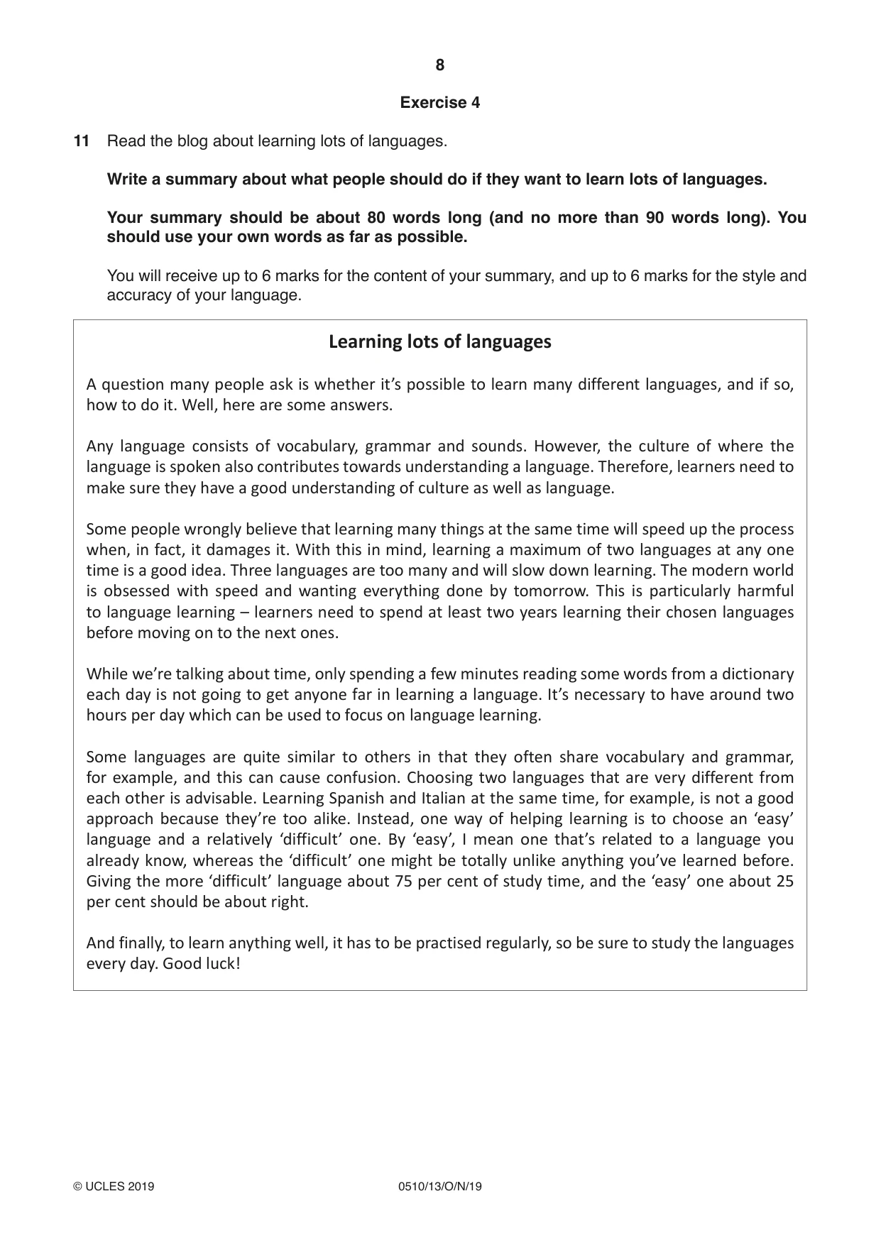 Cambridge IGCSE English - Second Language (oral endorsement) 0510 2019 Oct/Nov Paper 1 · Variant 3 question paper, page 8 of 16