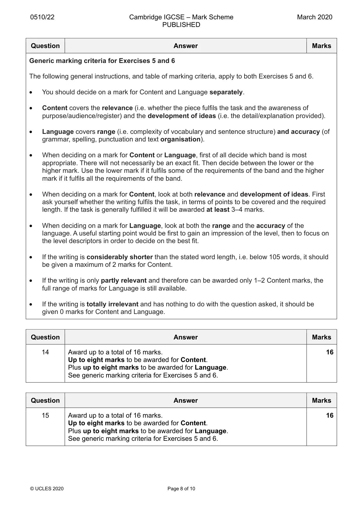 Mark scheme, page 8 of 10