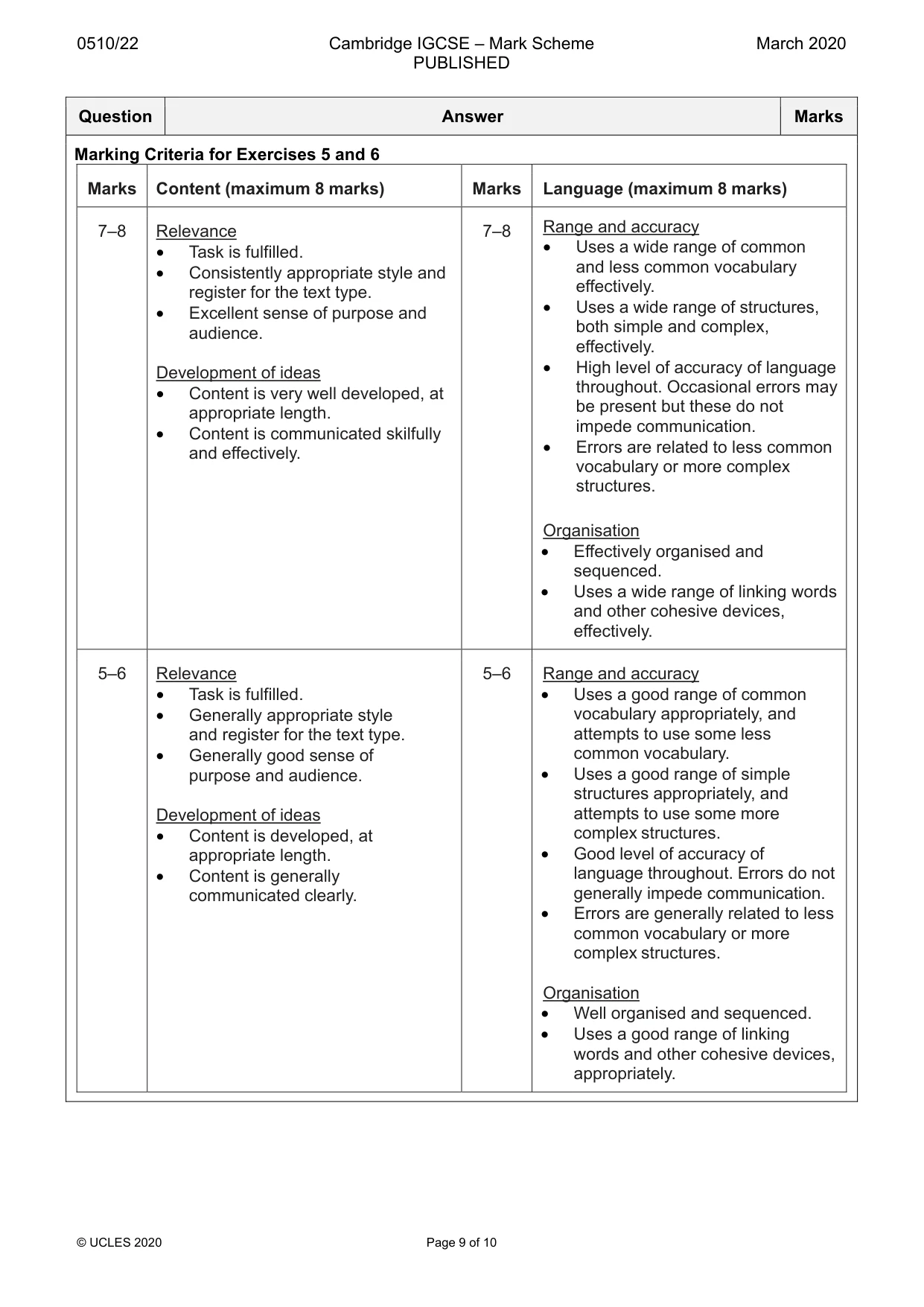 Mark scheme, page 9 of 10