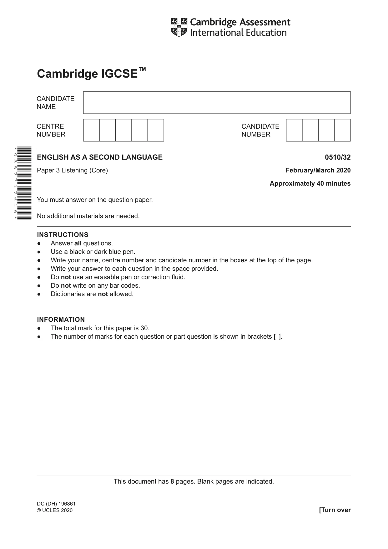 Cambridge IGCSE English - Second Language (oral endorsement) 0510 2020 Feb/March Paper 3 · Variant 2 question paper, page 1 of 8