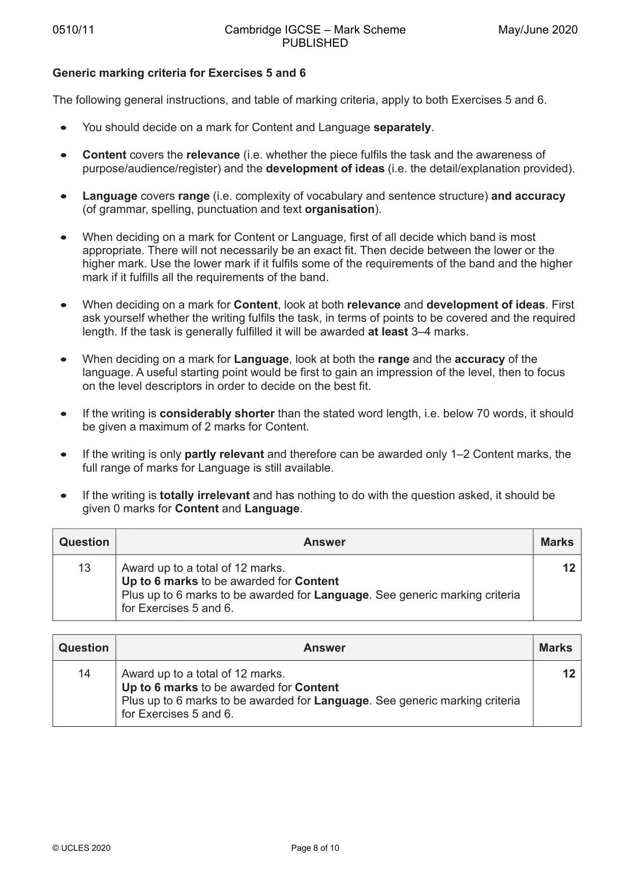 Mark scheme, page 8 of 10