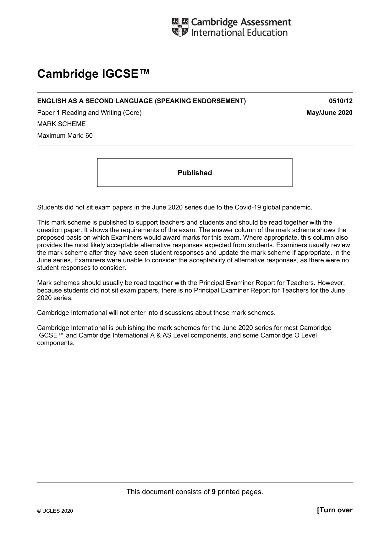 Mark scheme, page 1 of 9