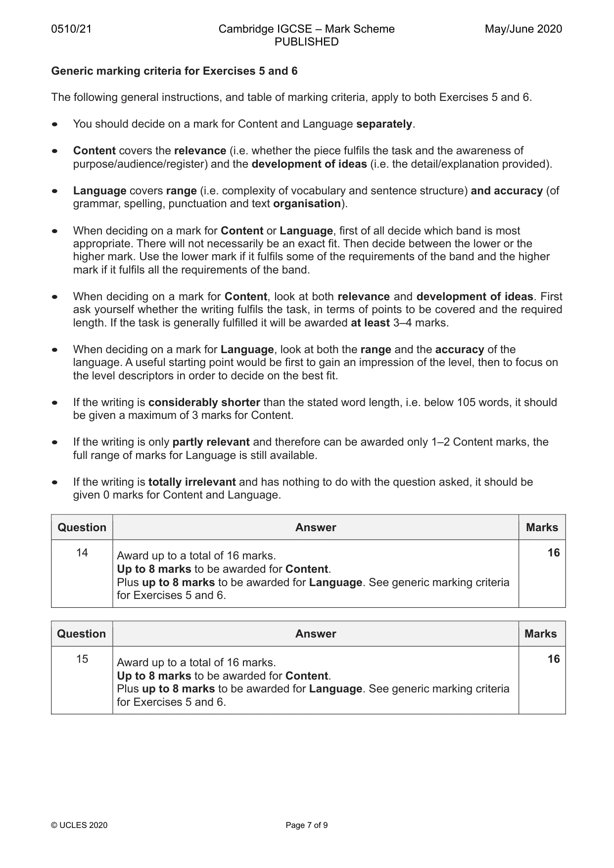 Mark scheme, page 7 of 9
