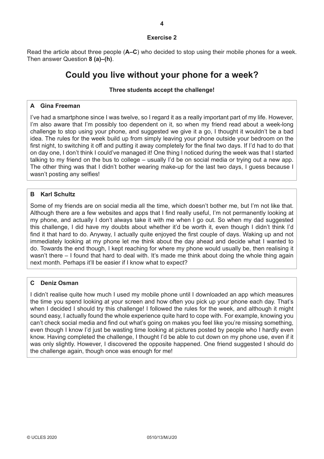 Cambridge IGCSE English - Second Language (oral endorsement) 0510 2020 May/June Paper 1 · Variant 3 question paper, page 4 of 16