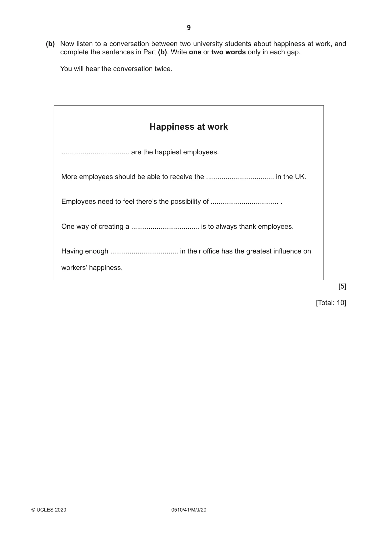Cambridge IGCSE English - Second Language (oral endorsement) 0510 2020 May/June Paper 4 · Variant 1 question paper, page 9 of 12