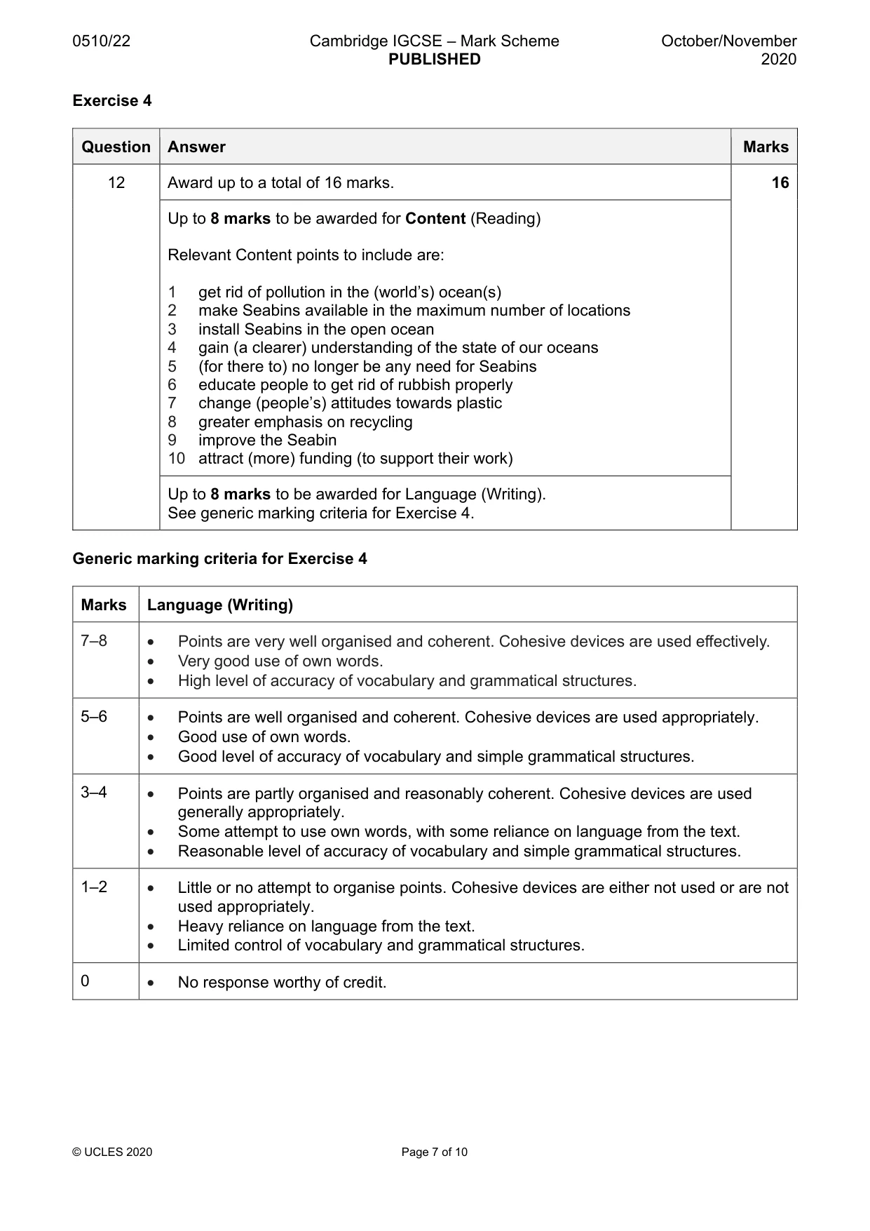 Mark scheme, page 7 of 10