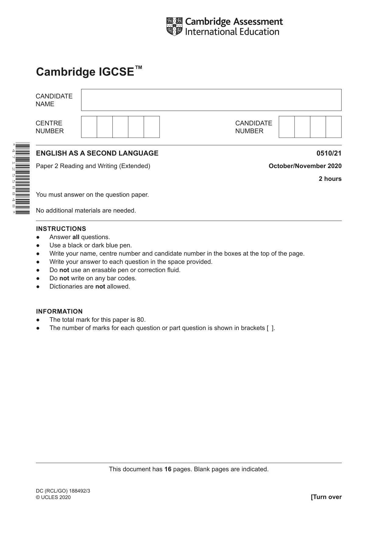 Cambridge IGCSE English - Second Language (oral endorsement) 0510 2020 Oct/Nov Paper 2 · Variant 1 question paper, page 1 of 16