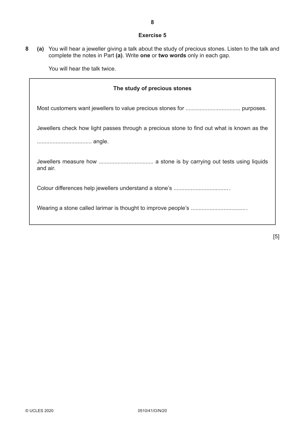 Cambridge IGCSE English - Second Language (oral endorsement) 0510 2020 Oct/Nov Paper 4 · Variant 1 question paper, page 8 of 12