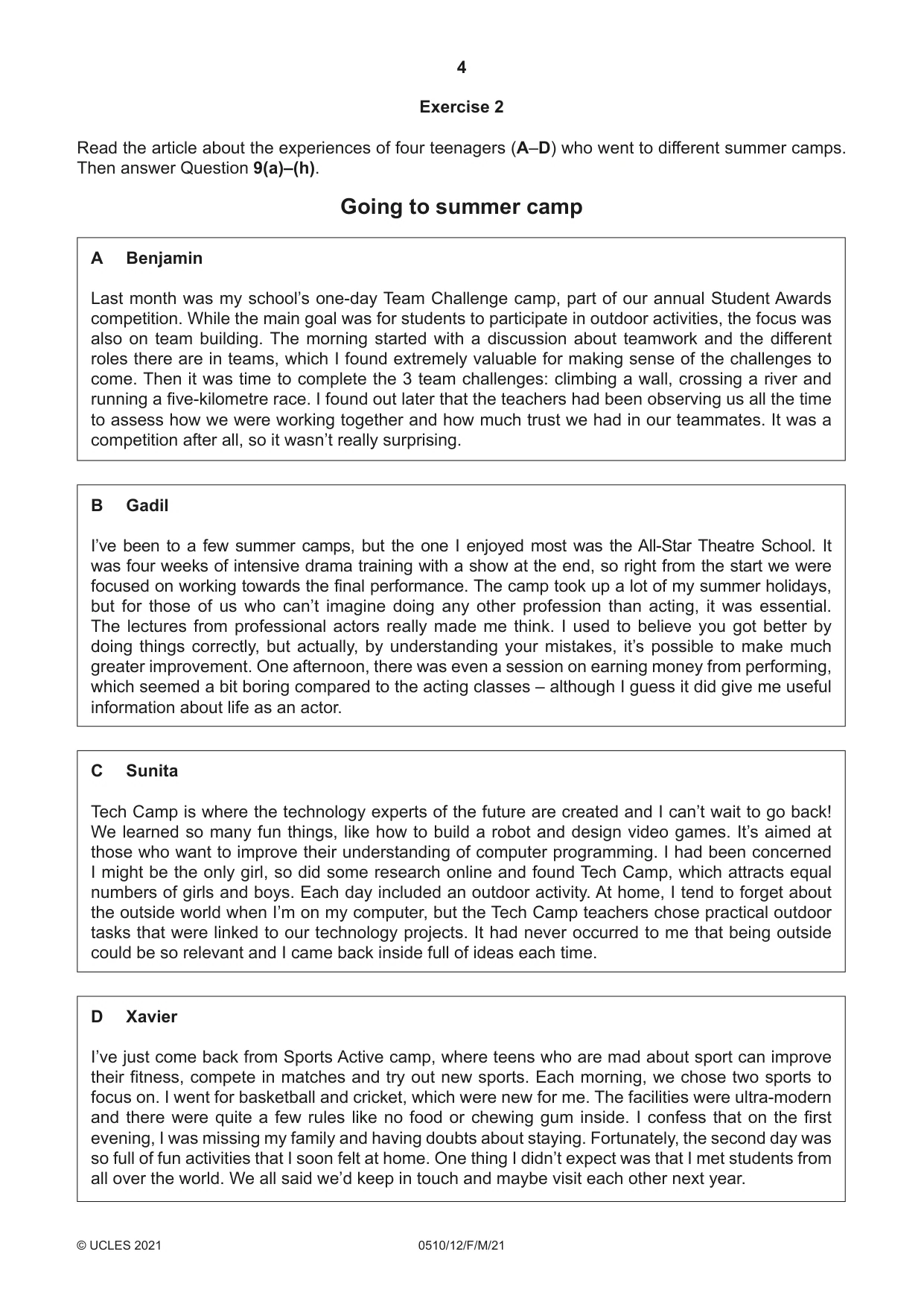 Cambridge IGCSE English - Second Language (oral endorsement) 0510 2021 Feb/March Paper 1 · Variant 2 question paper, page 4 of 16