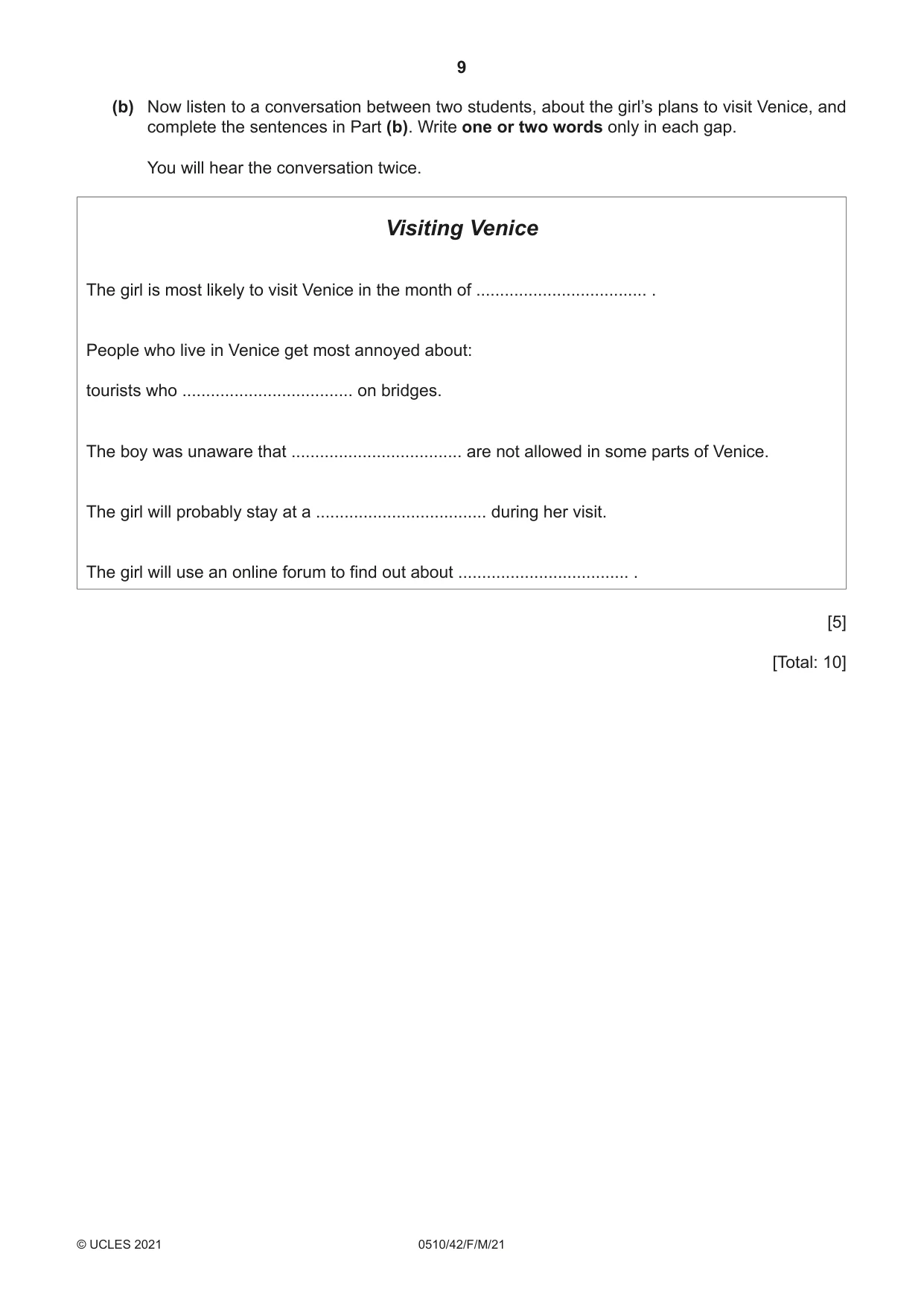 Cambridge IGCSE English - Second Language (oral endorsement) 0510 2021 Feb/March Paper 4 · Variant 2 question paper, page 9 of 12
