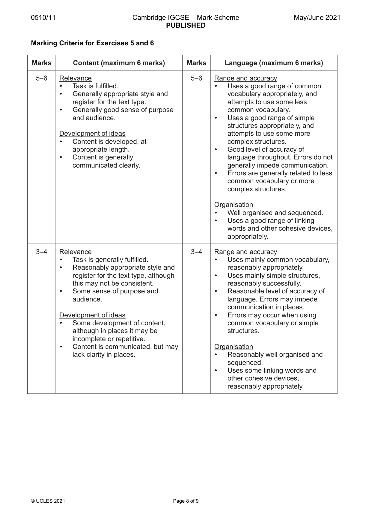 Mark scheme, page 8 of 9