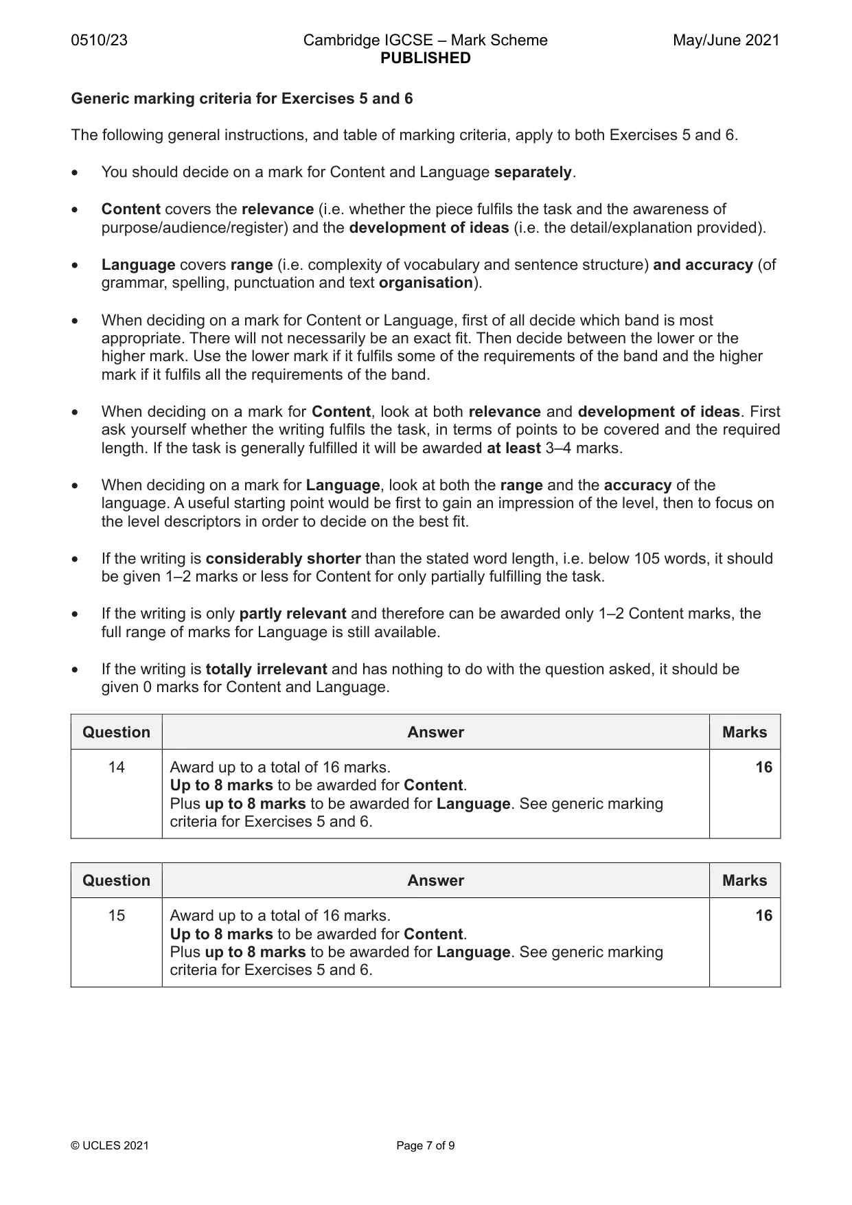 Mark scheme, page 7 of 9