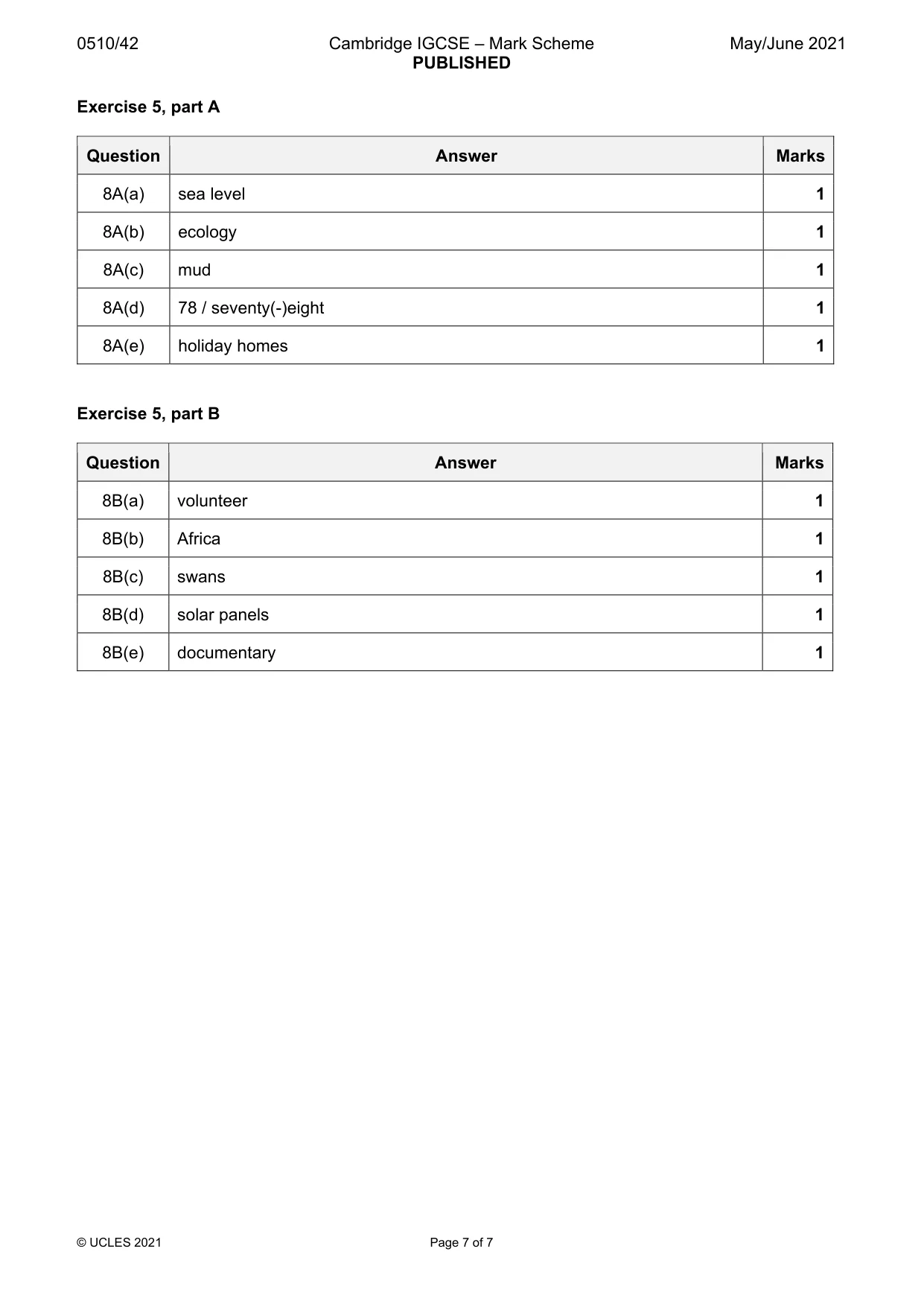 Mark scheme, page 7 of 7