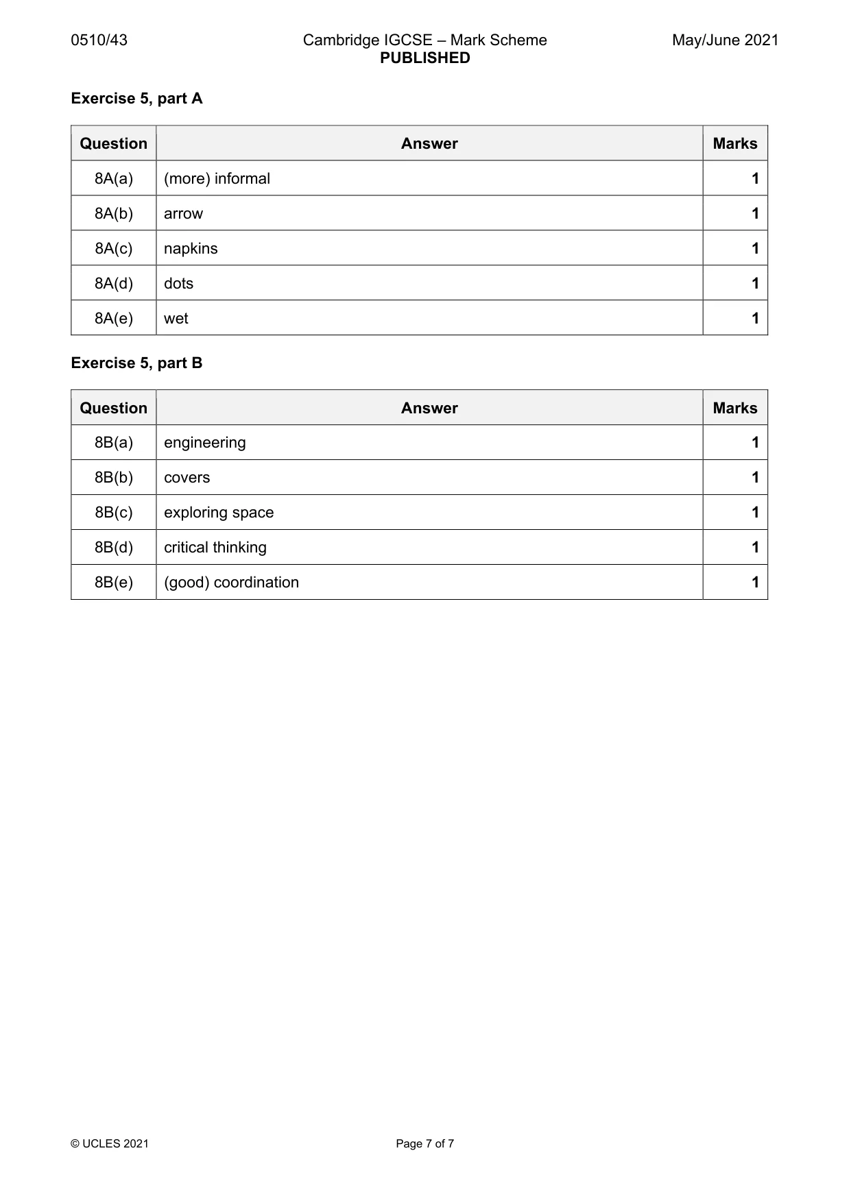 Mark scheme, page 7 of 7