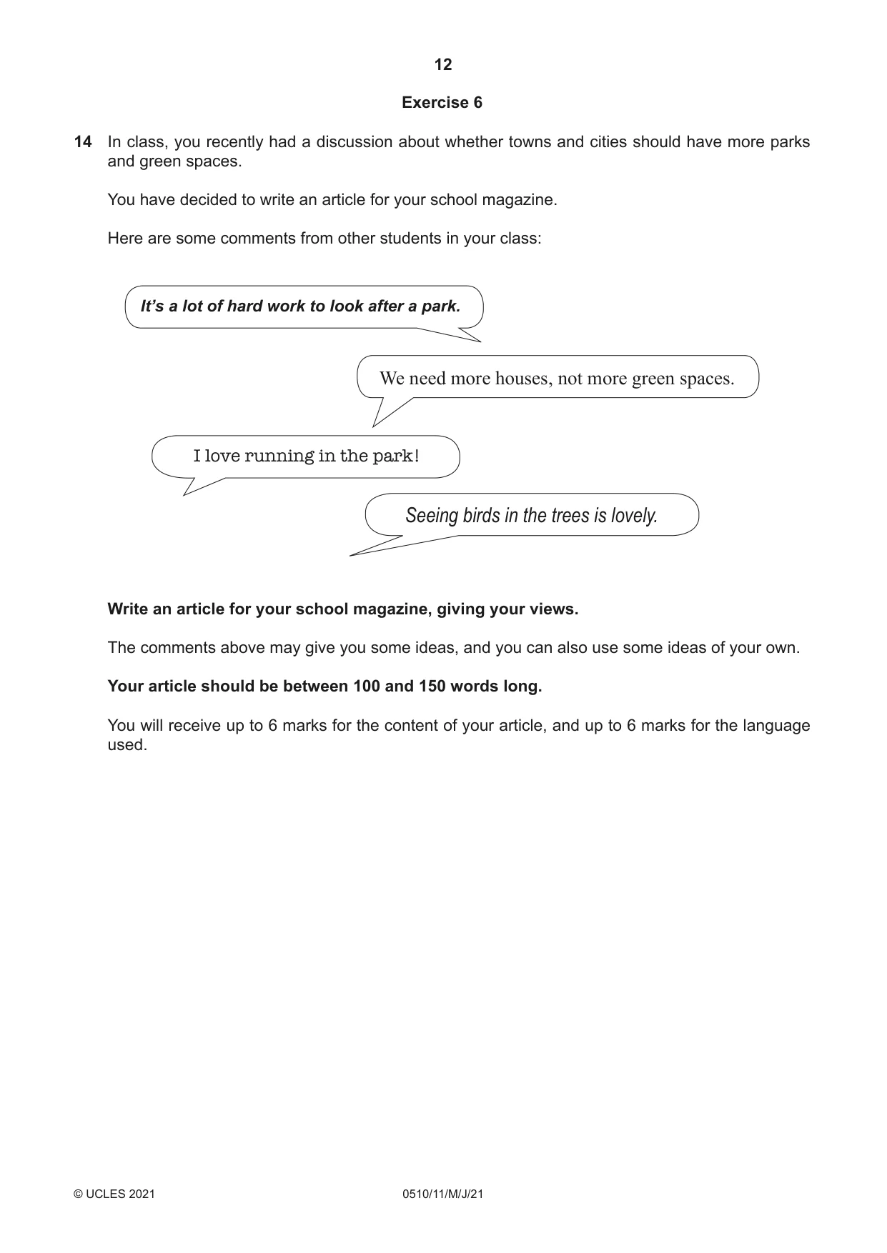 Cambridge IGCSE English - Second Language (oral endorsement) 0510 2021 May/June Paper 1 · Variant 1 question paper, page 12 of 16