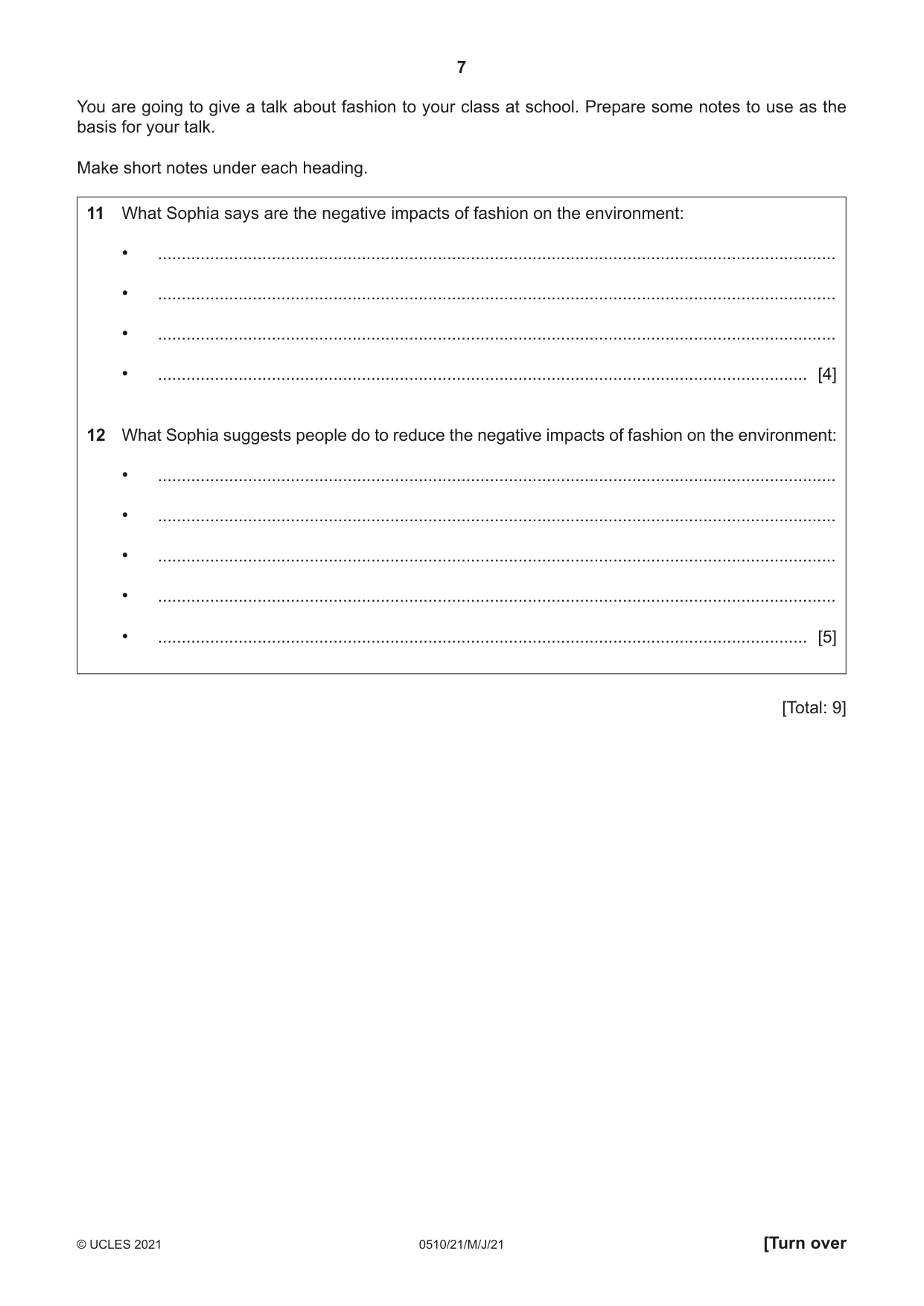 Cambridge IGCSE English - Second Language (oral endorsement) 0510 2021 May/June Paper 2 · Variant 1 question paper, page 7 of 16