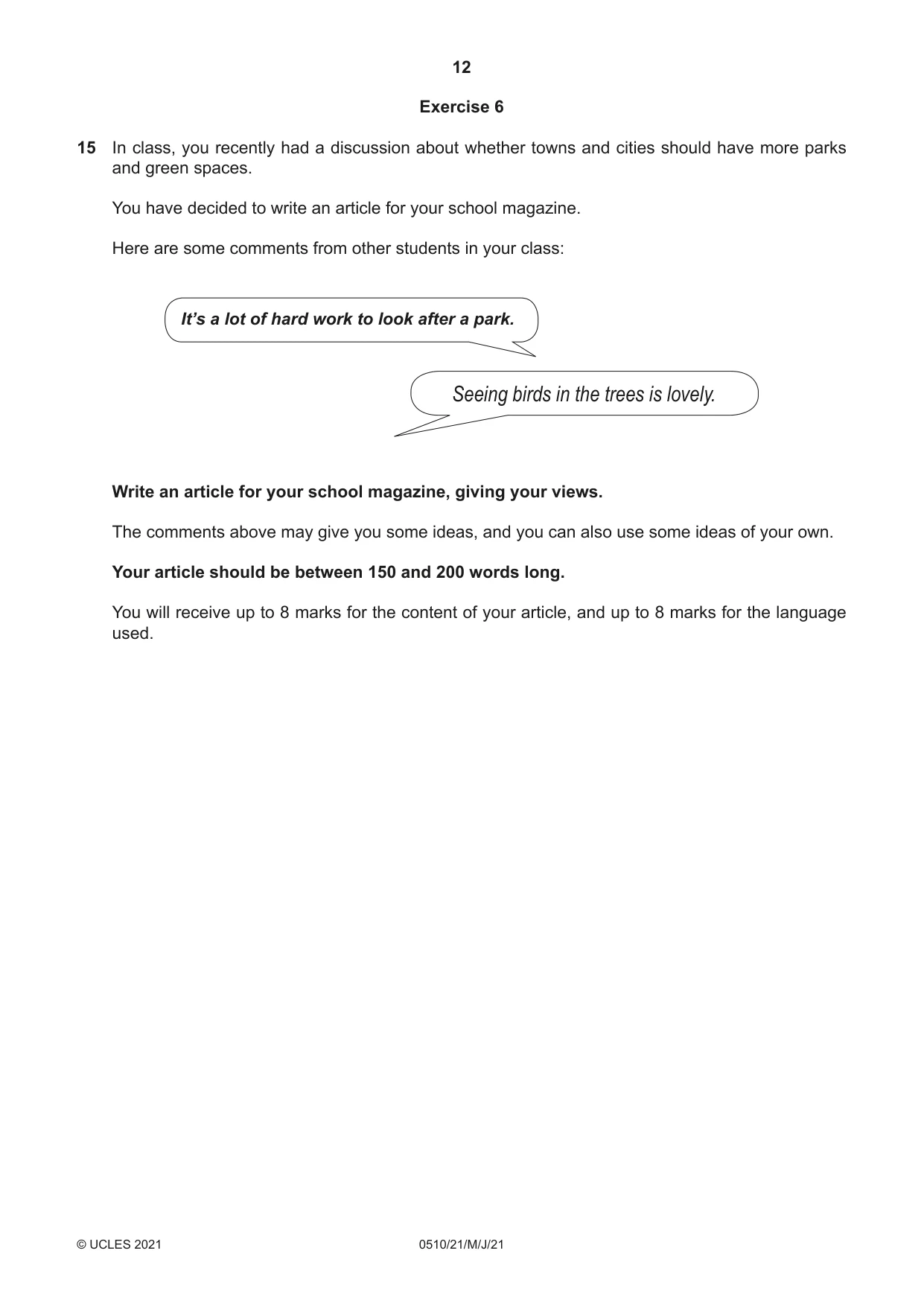 Cambridge IGCSE English - Second Language (oral endorsement) 0510 2021 May/June Paper 2 · Variant 1 question paper, page 12 of 16