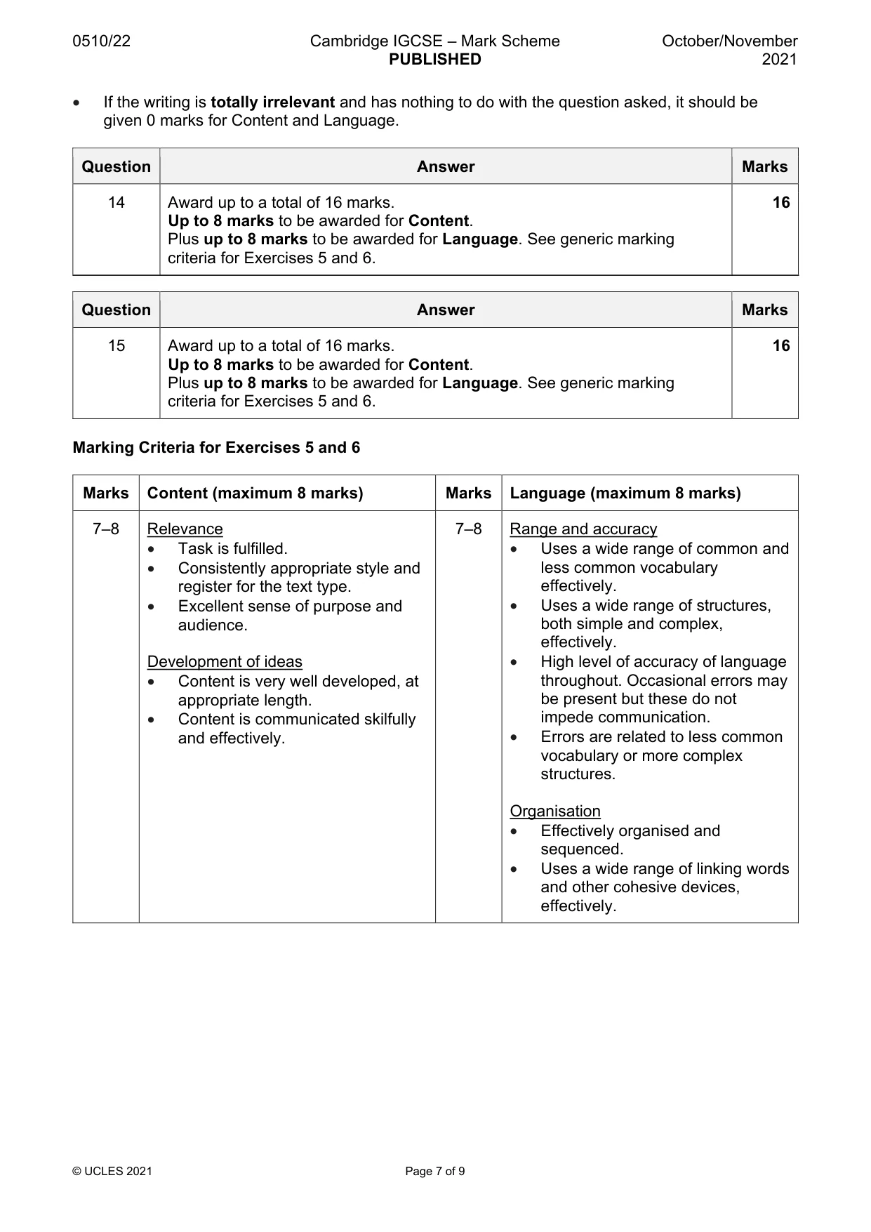 Mark scheme, page 7 of 9