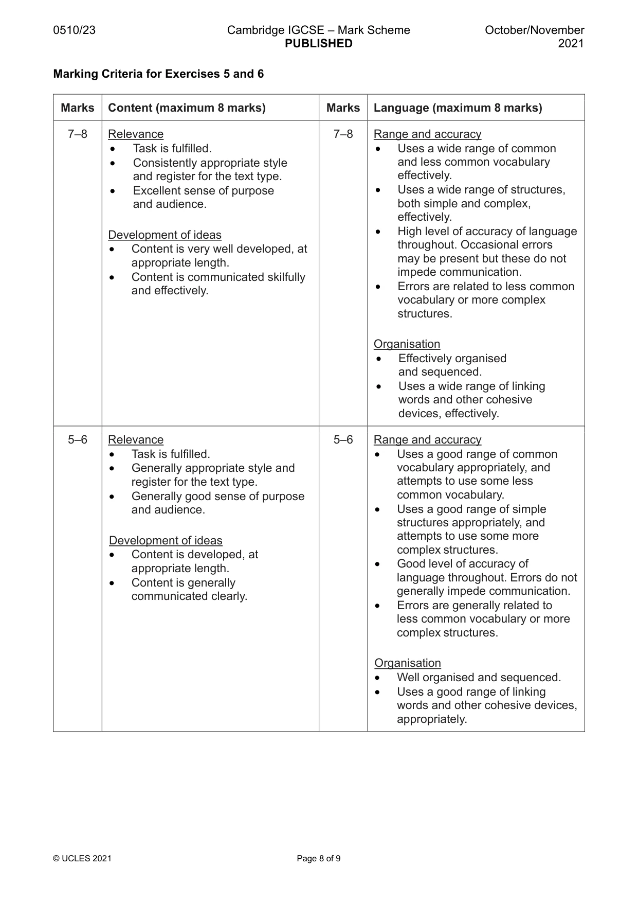 Mark scheme, page 8 of 9