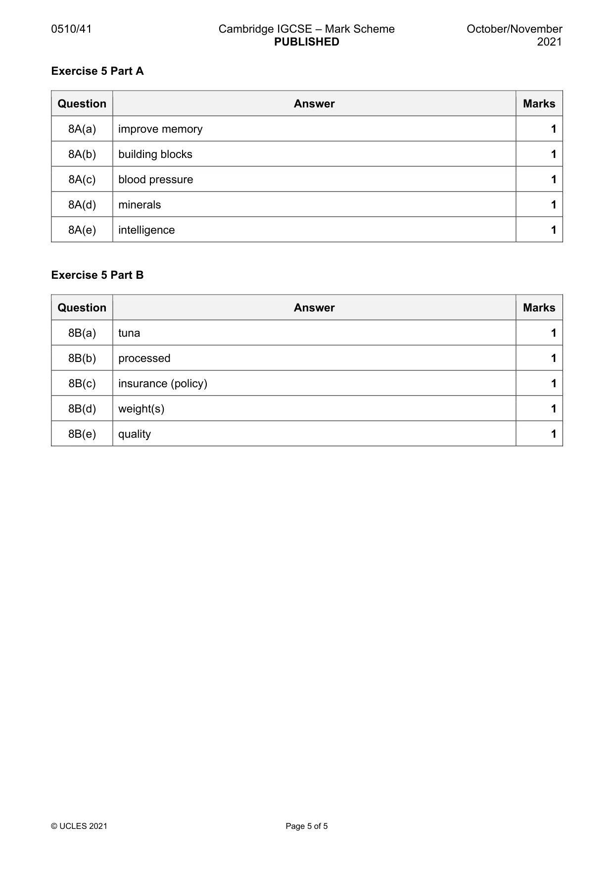 Mark scheme, page 5 of 5