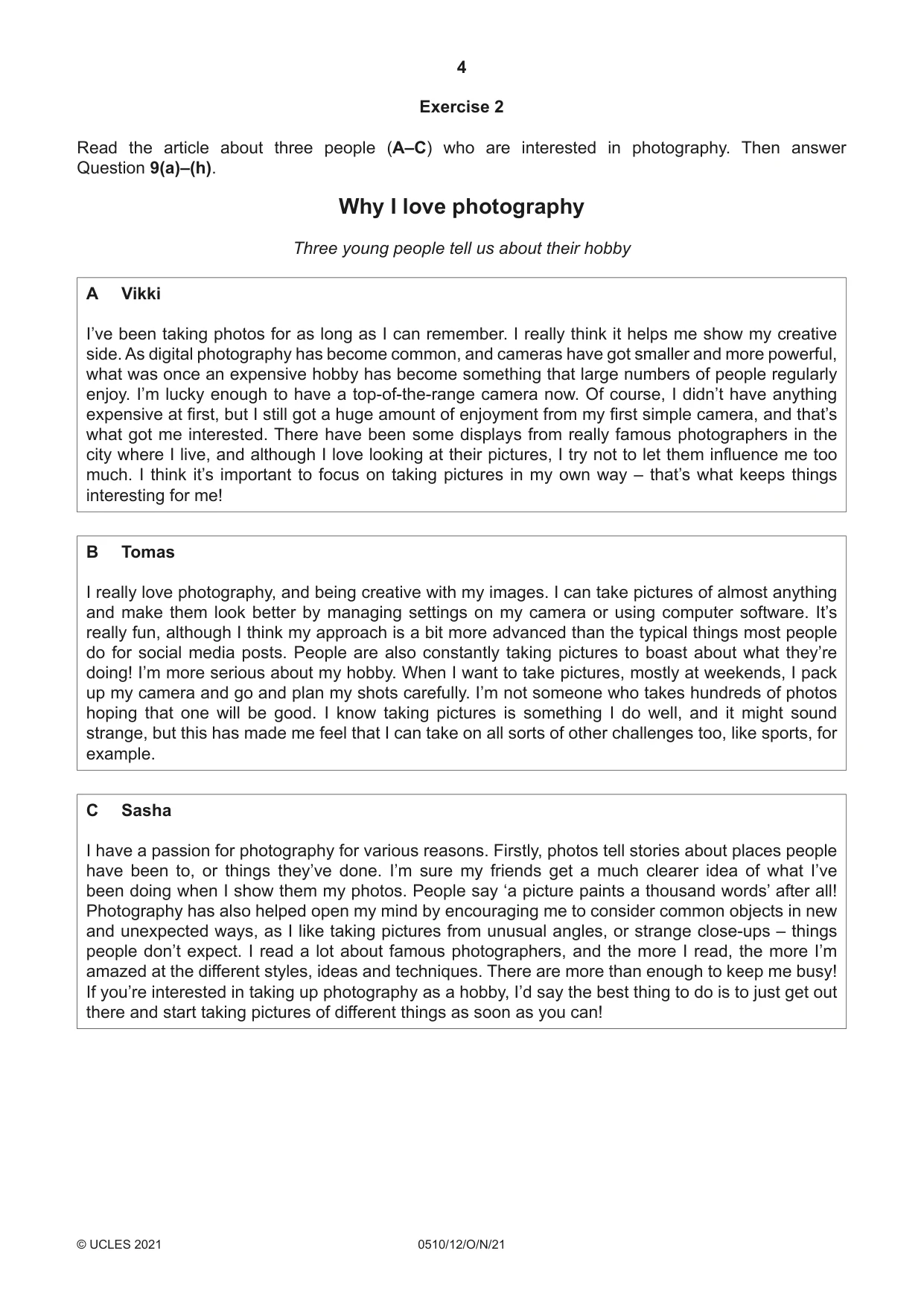 Cambridge IGCSE English - Second Language (oral endorsement) 0510 2021 Oct/Nov Paper 1 · Variant 2 question paper, page 4 of 16