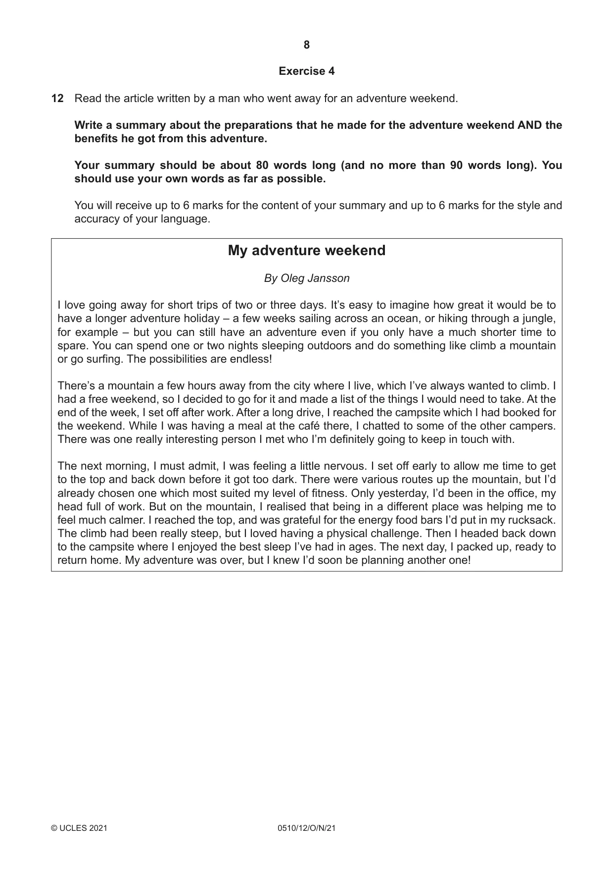 Cambridge IGCSE English - Second Language (oral endorsement) 0510 2021 Oct/Nov Paper 1 · Variant 2 question paper, page 8 of 16