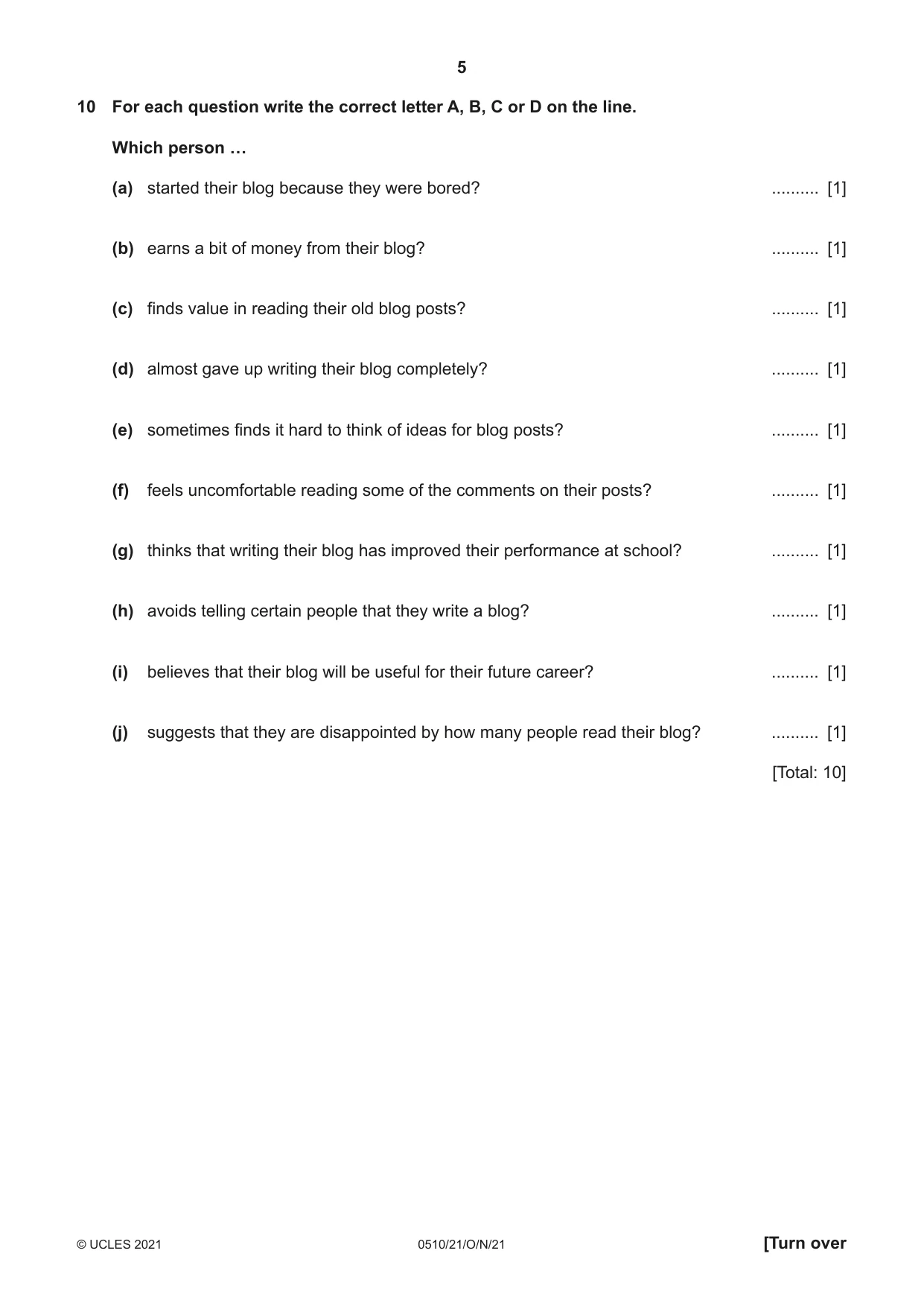 Cambridge IGCSE English - Second Language (oral endorsement) 0510 2021 Oct/Nov Paper 2 · Variant 1 question paper, page 5 of 16