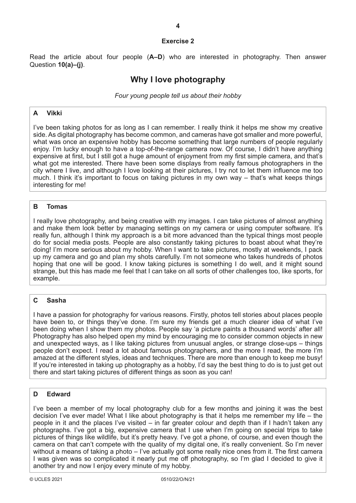 Cambridge IGCSE English - Second Language (oral endorsement) 0510 2021 Oct/Nov Paper 2 · Variant 2 question paper, page 4 of 16