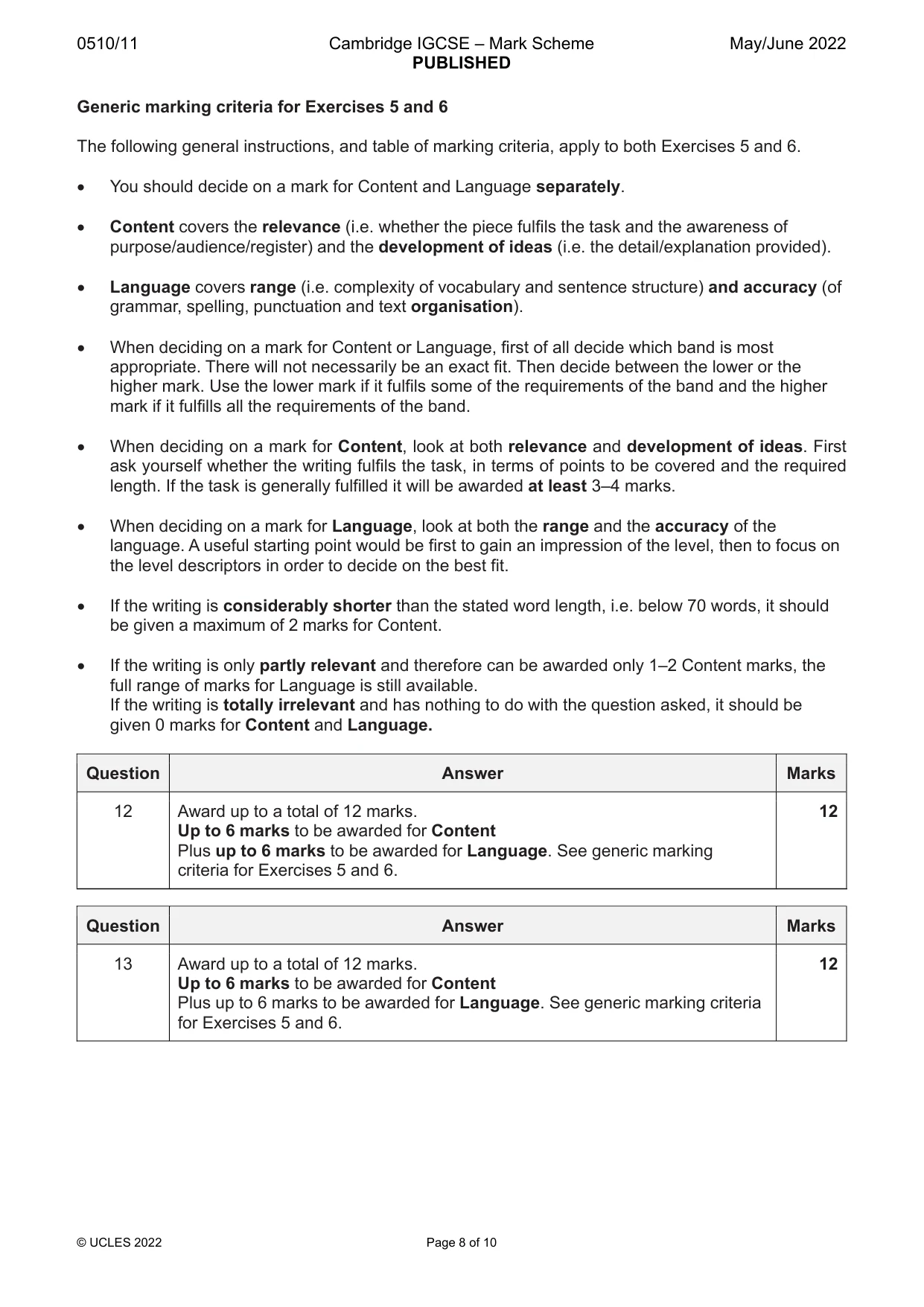 Mark scheme, page 8 of 10