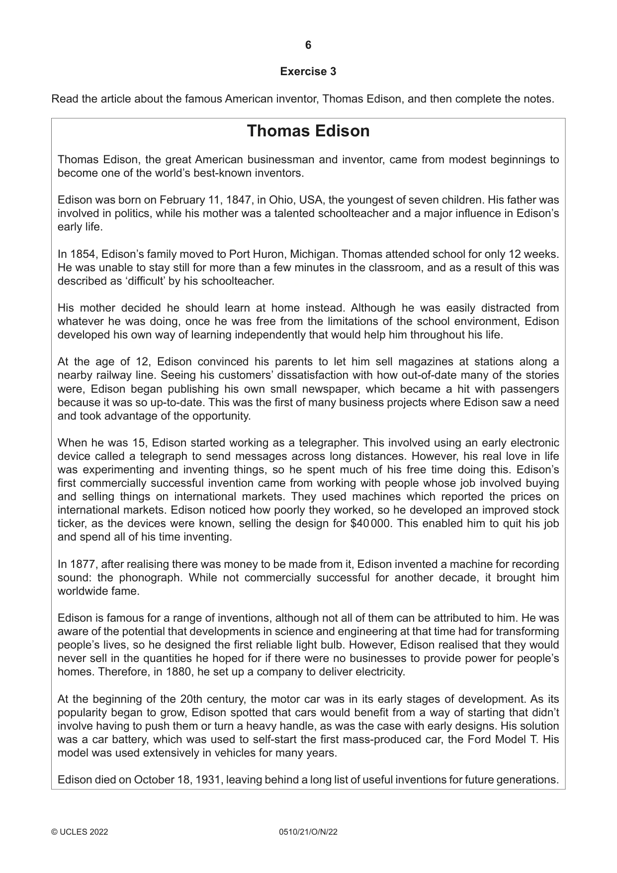 Cambridge IGCSE English - Second Language (oral endorsement) 0510 2022 Oct/Nov Paper 2 · Variant 1 question paper, page 6 of 16