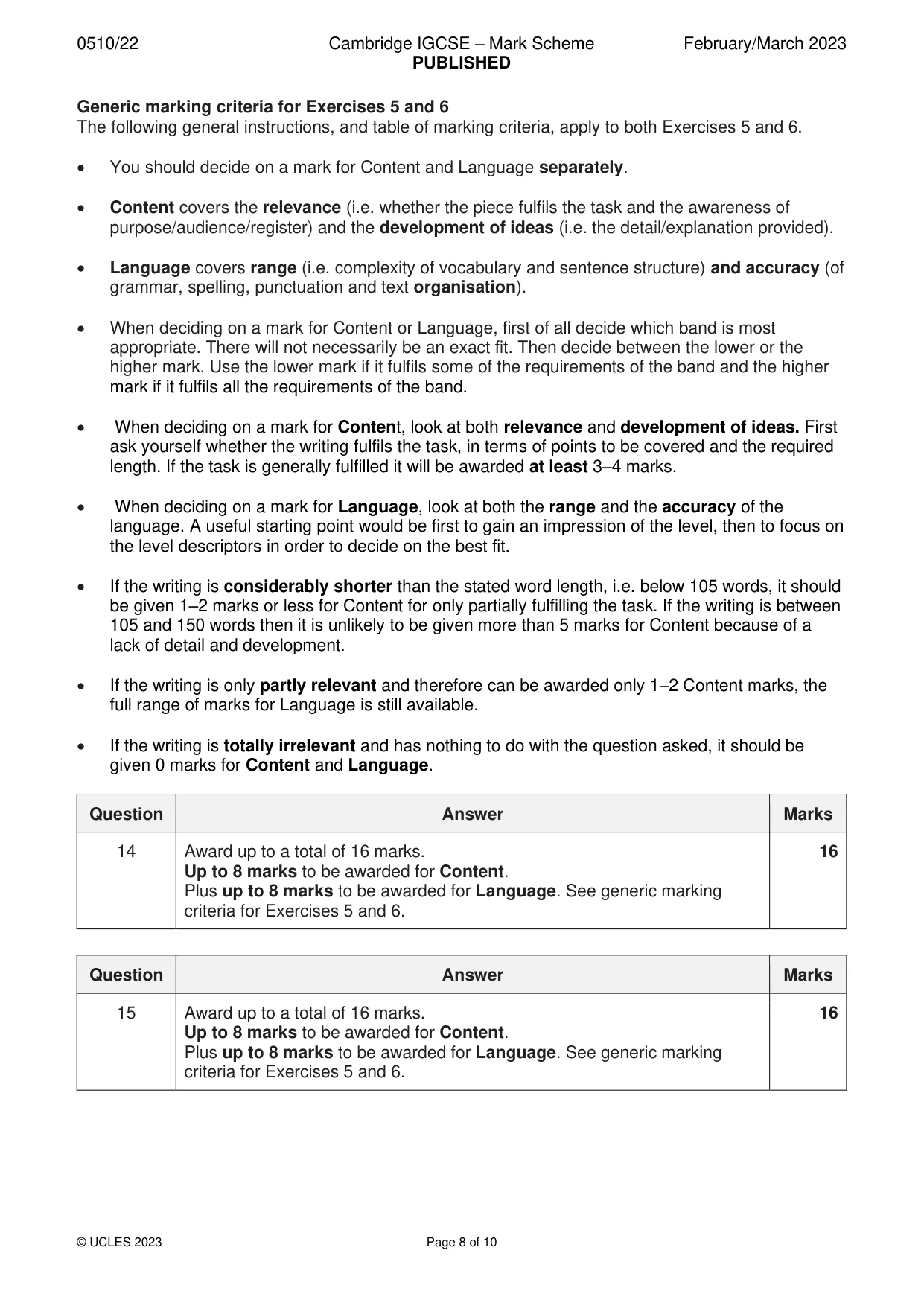 Mark scheme, page 8 of 10