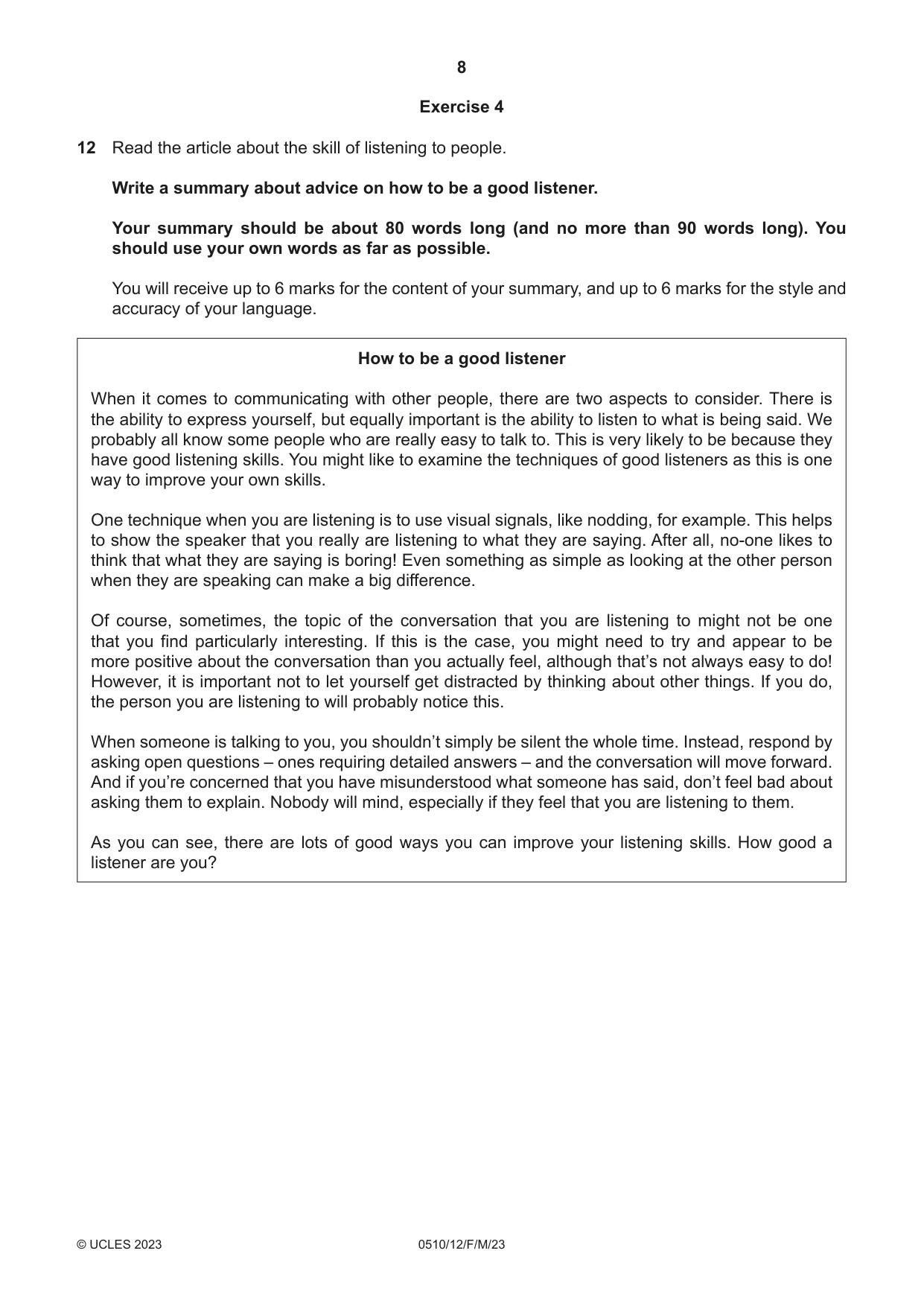 Cambridge IGCSE English - Second Language (oral endorsement) 0510 2023 Feb/March Paper 1 · Variant 2 question paper, page 8 of 16
