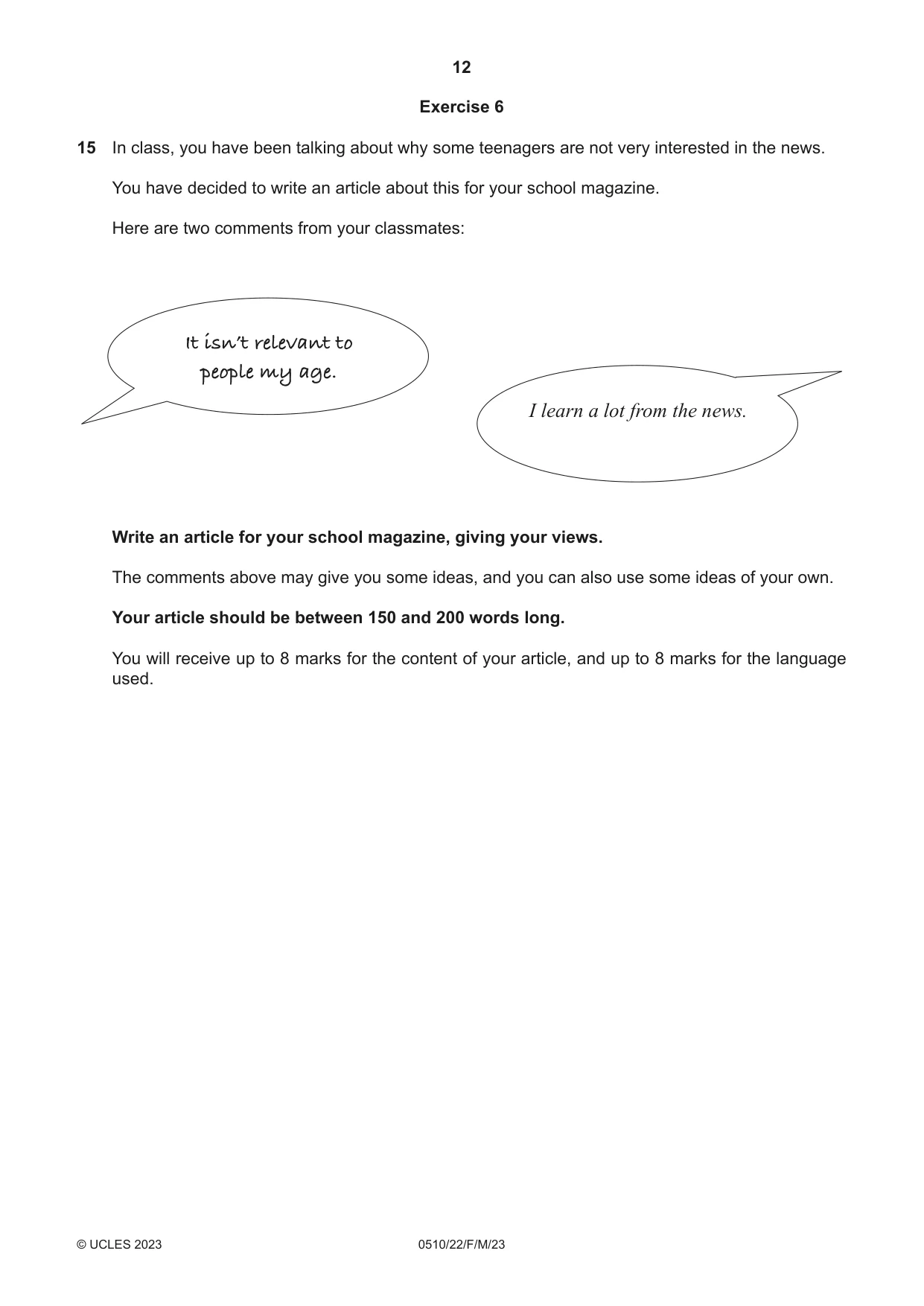 Cambridge IGCSE English - Second Language (oral endorsement) 0510 2023 Feb/March Paper 2 · Variant 2 question paper, page 12 of 16