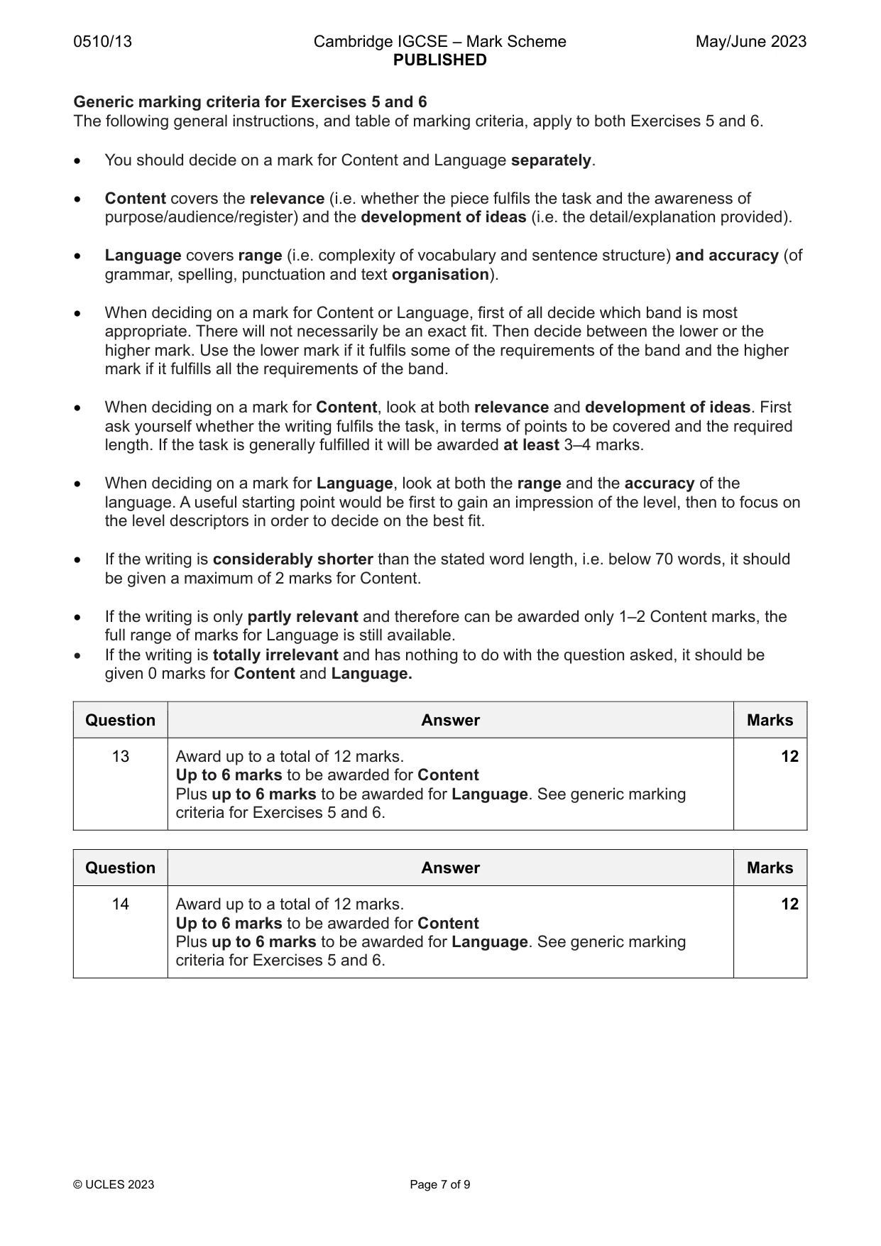 Mark scheme, page 7 of 9