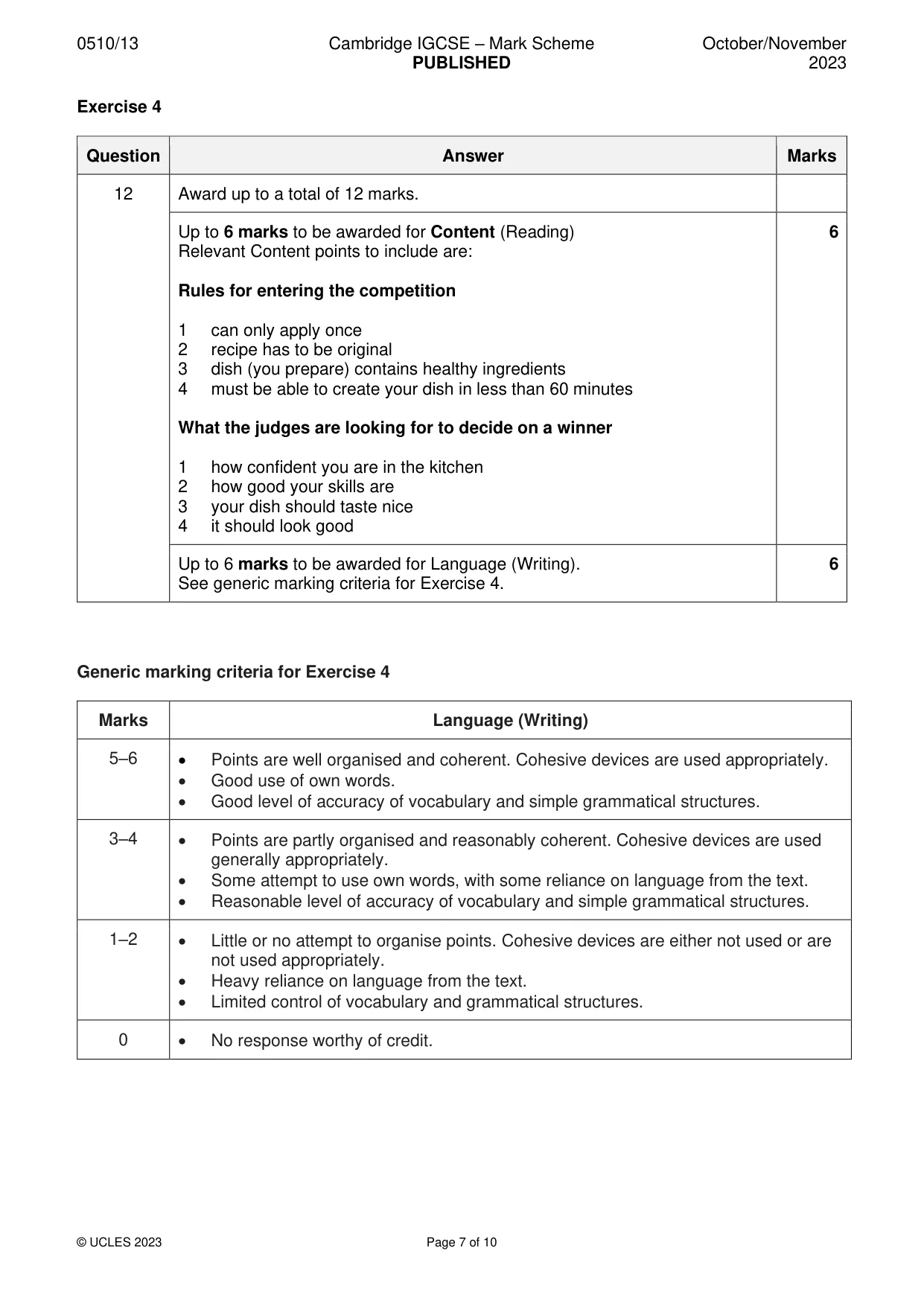 Mark scheme, page 7 of 10
