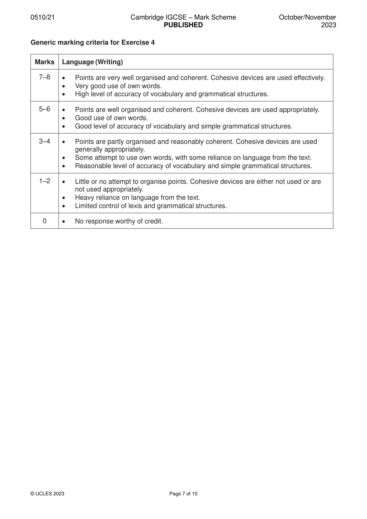 Mark scheme, page 7 of 10