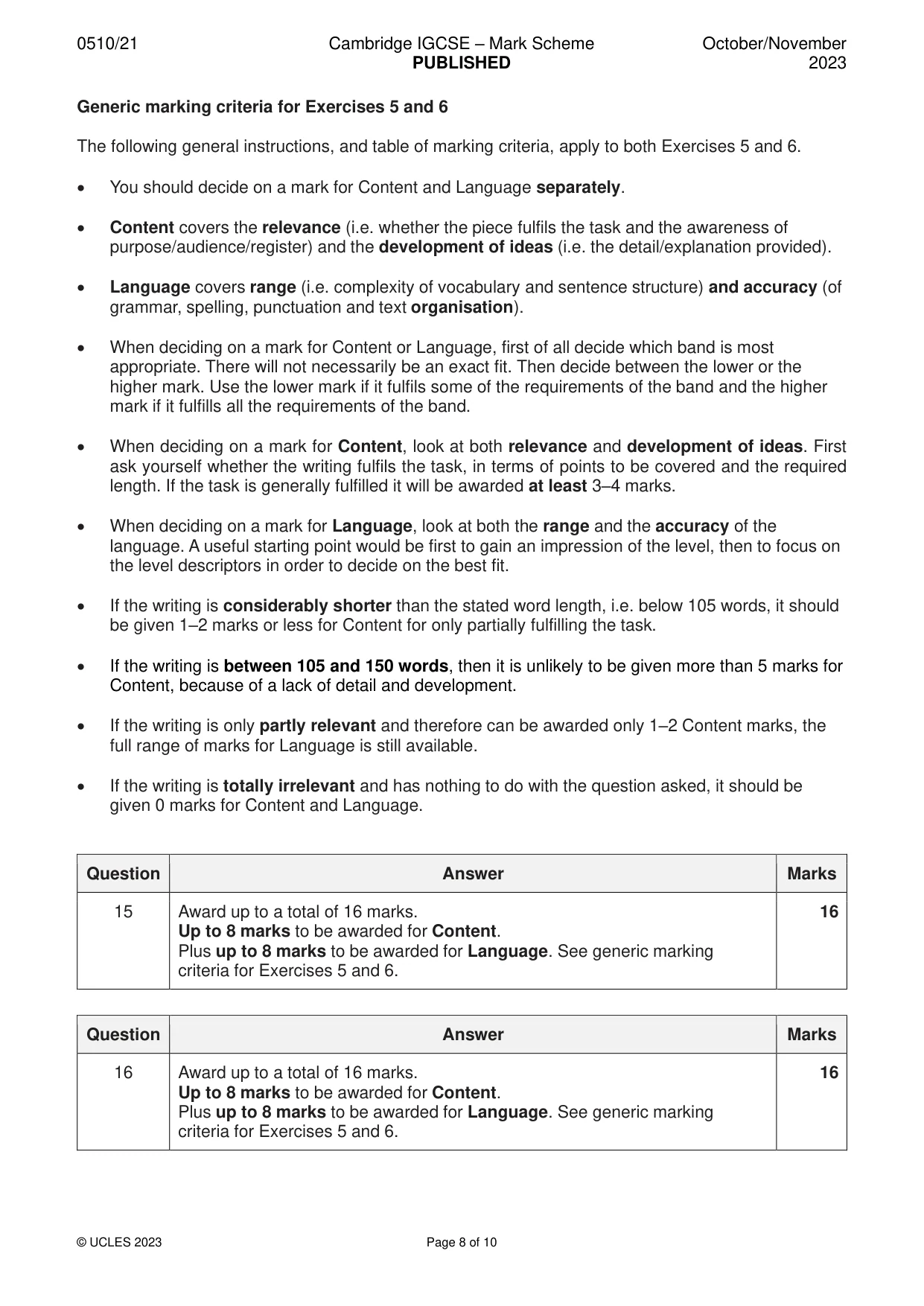 Mark scheme, page 8 of 10