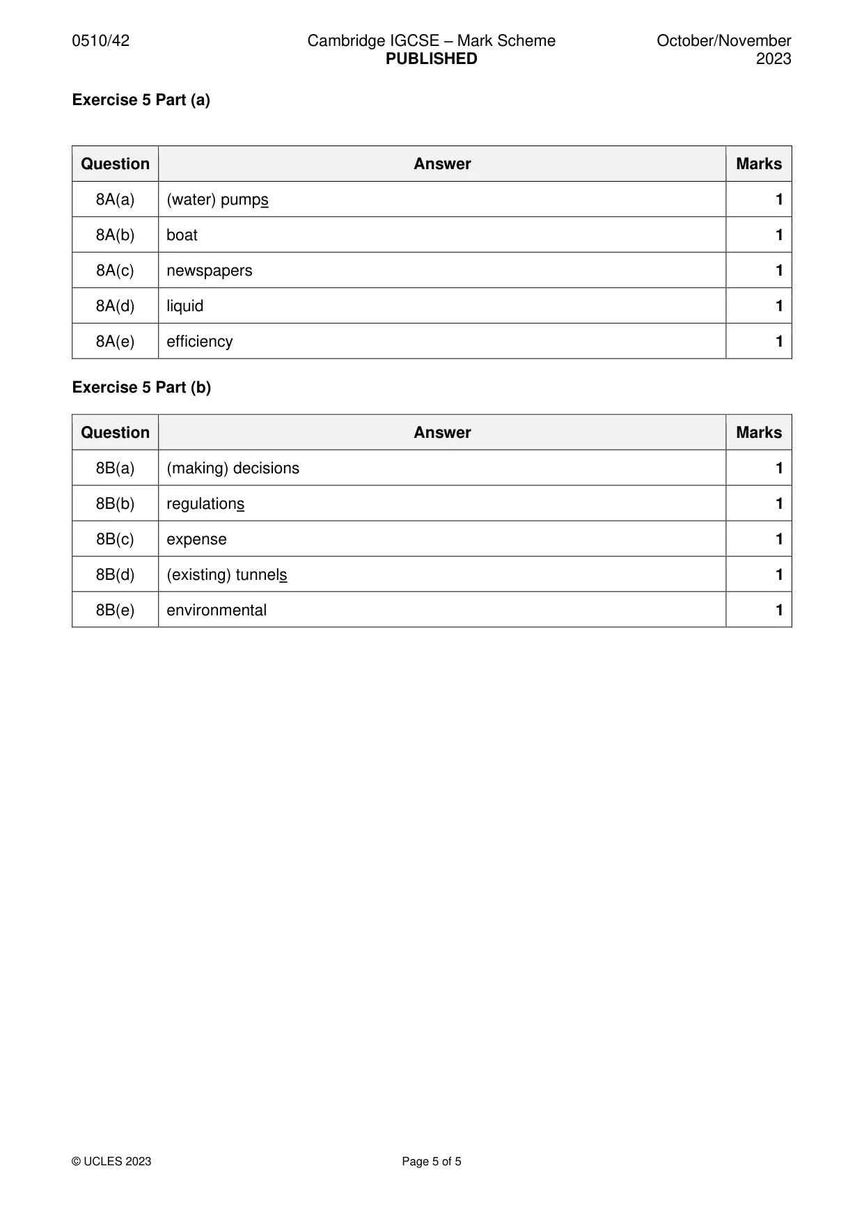 Mark scheme, page 5 of 5