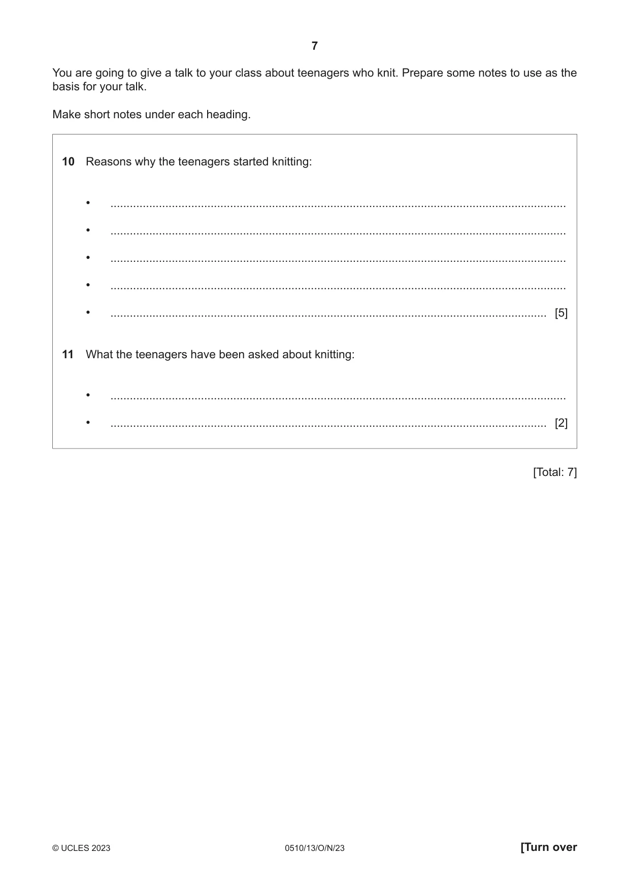 Cambridge IGCSE English - Second Language (oral endorsement) 0510 2023 Oct/Nov Paper 1 · Variant 3 question paper, page 7 of 16