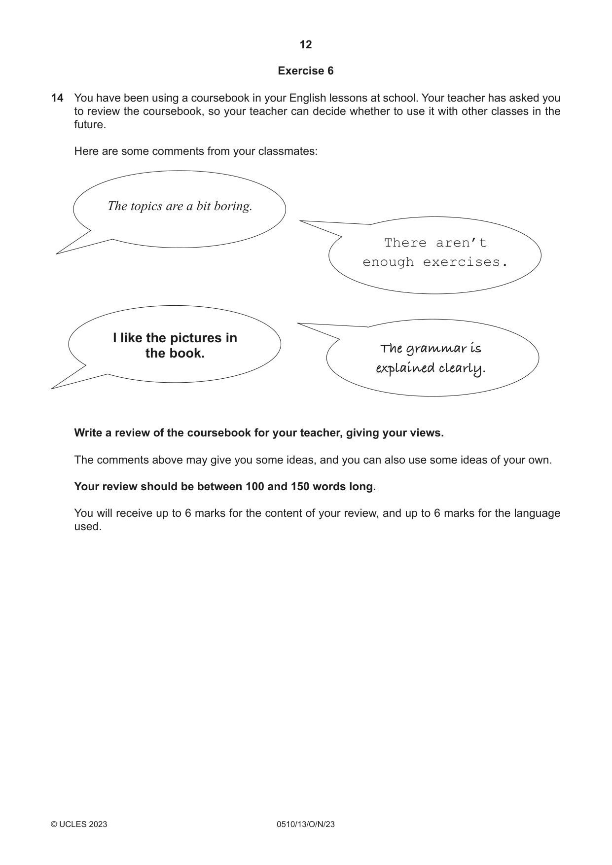 Cambridge IGCSE English - Second Language (oral endorsement) 0510 2023 Oct/Nov Paper 1 · Variant 3 question paper, page 12 of 16