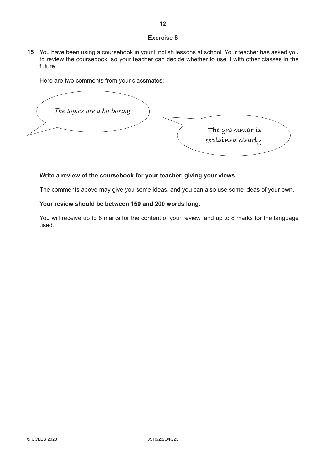 Cambridge IGCSE English - Second Language (oral endorsement) 0510 2023 Oct/Nov Paper 2 · Variant 3 question paper, page 12 of 16