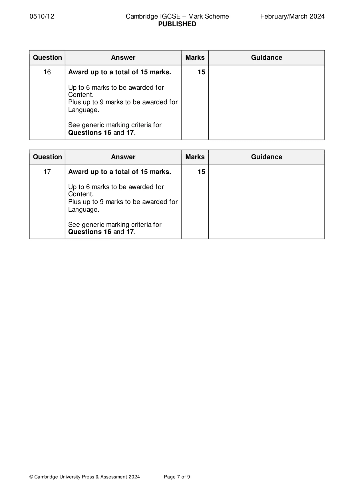 Mark scheme, page 7 of 9