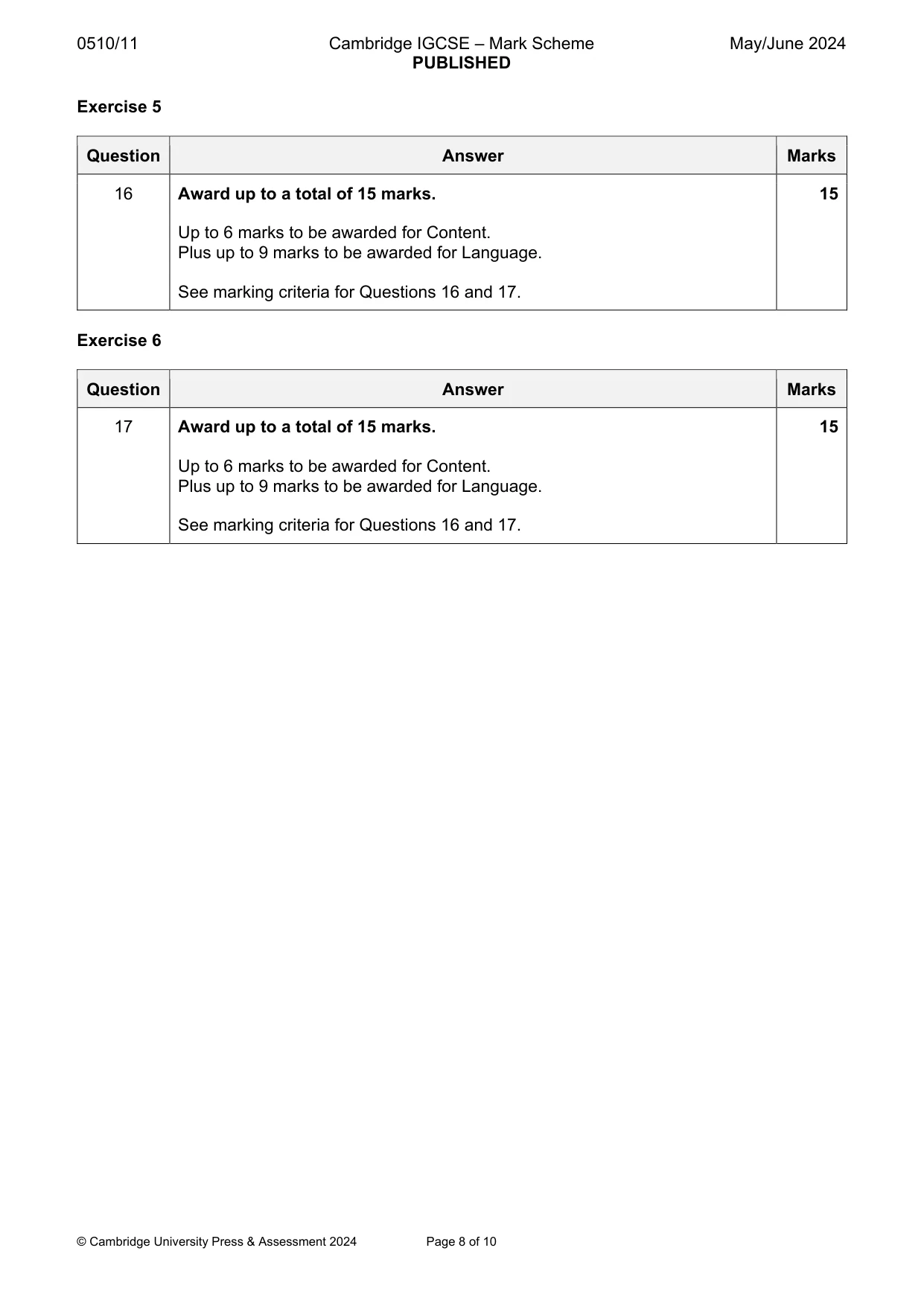 Mark scheme, page 8 of 10