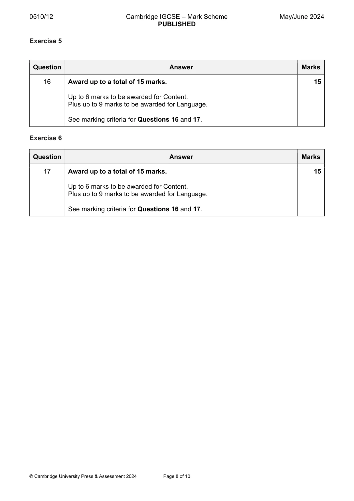 Mark scheme, page 8 of 10