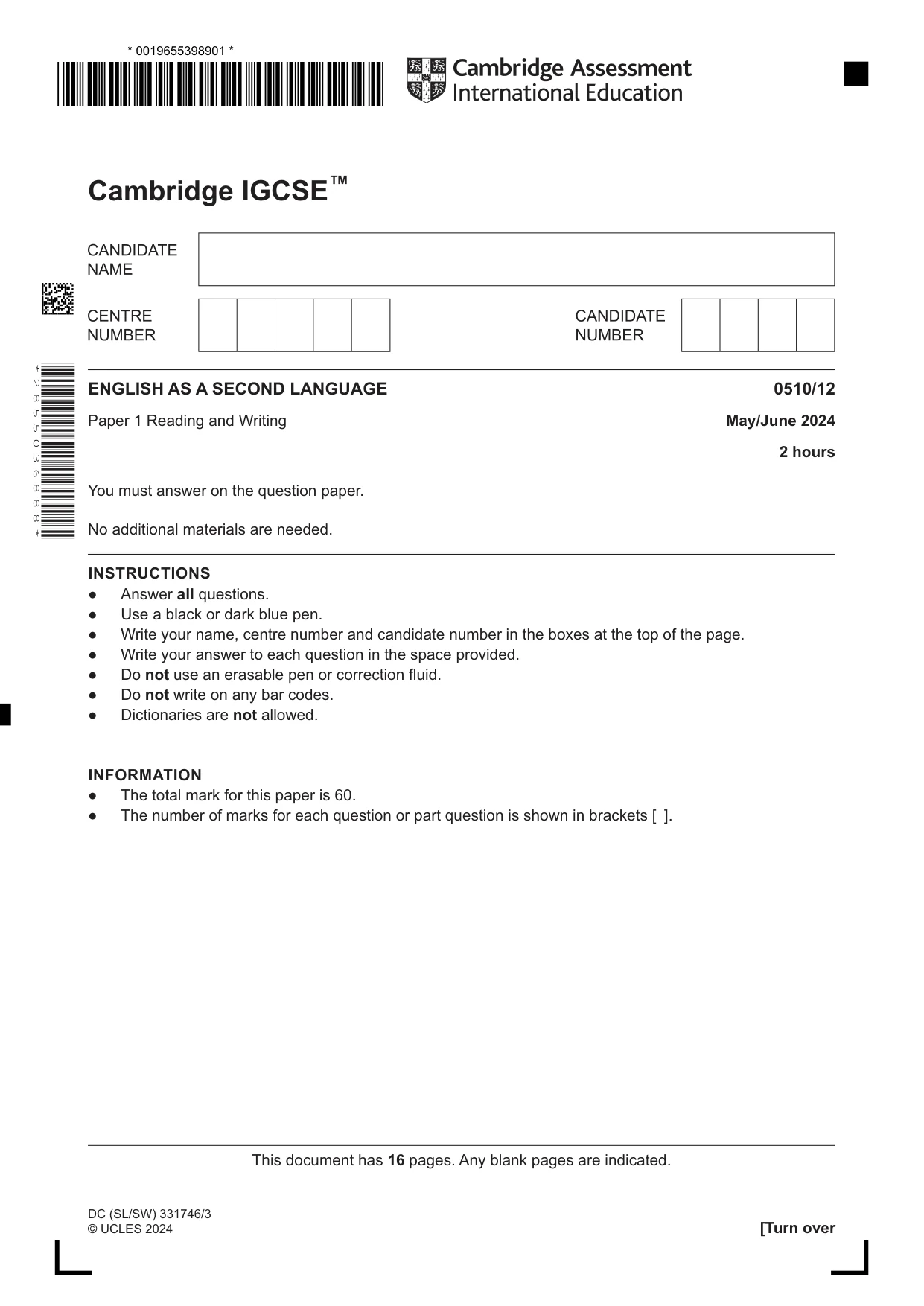 Cambridge IGCSE English - Second Language (oral endorsement) 0510 2024 May/June Paper 1 · Variant 2 question paper, page 1 of 16
