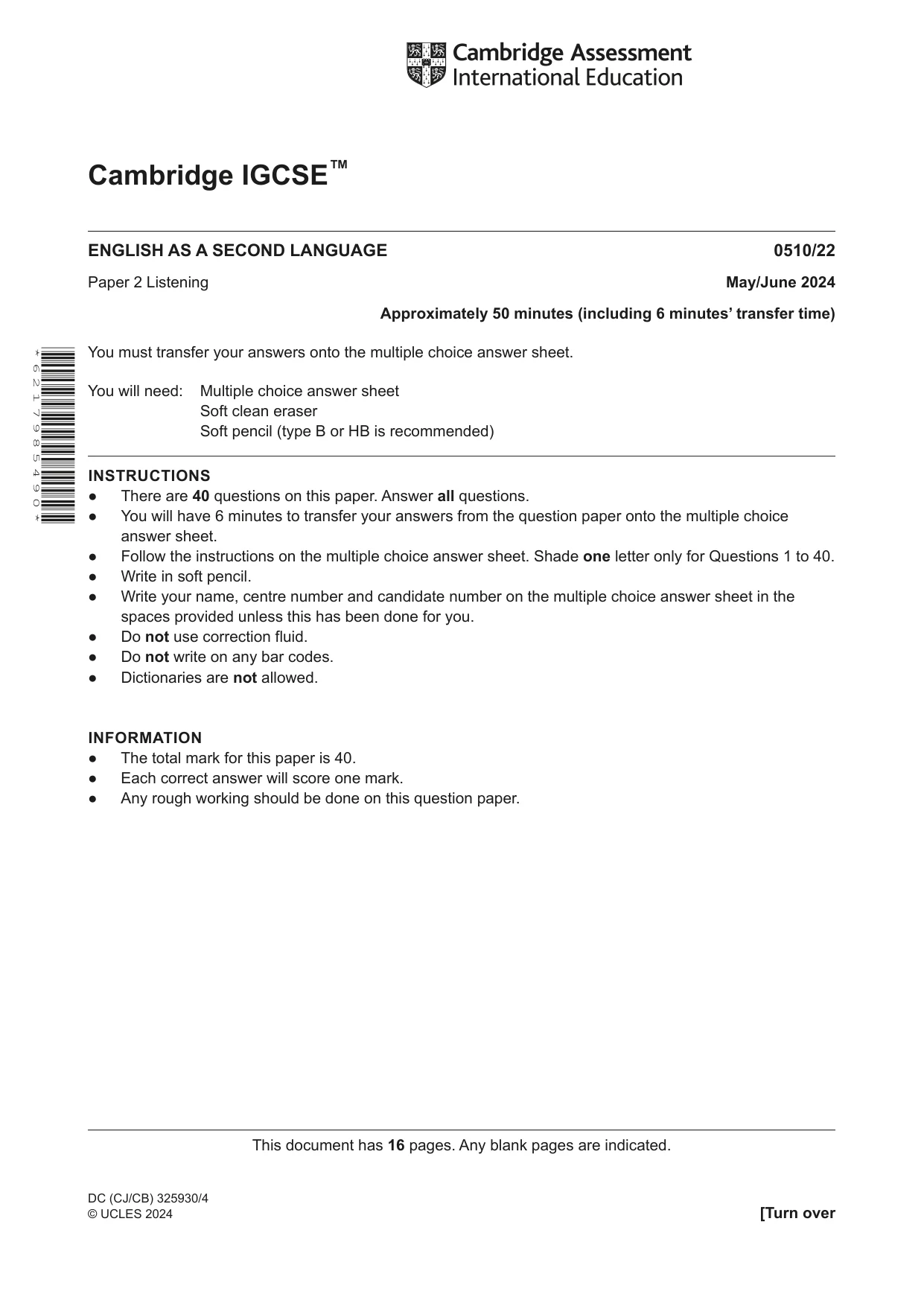 Cambridge IGCSE English - Second Language (oral endorsement) 0510 2024 May/June Paper 2 · Variant 2 question paper, page 1 of 16