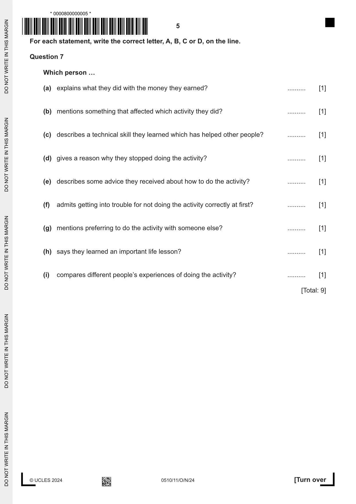 Cambridge IGCSE English - Second Language (oral endorsement) 0510 2024 Oct/Nov Paper 1 · Variant 1 question paper, page 5 of 16