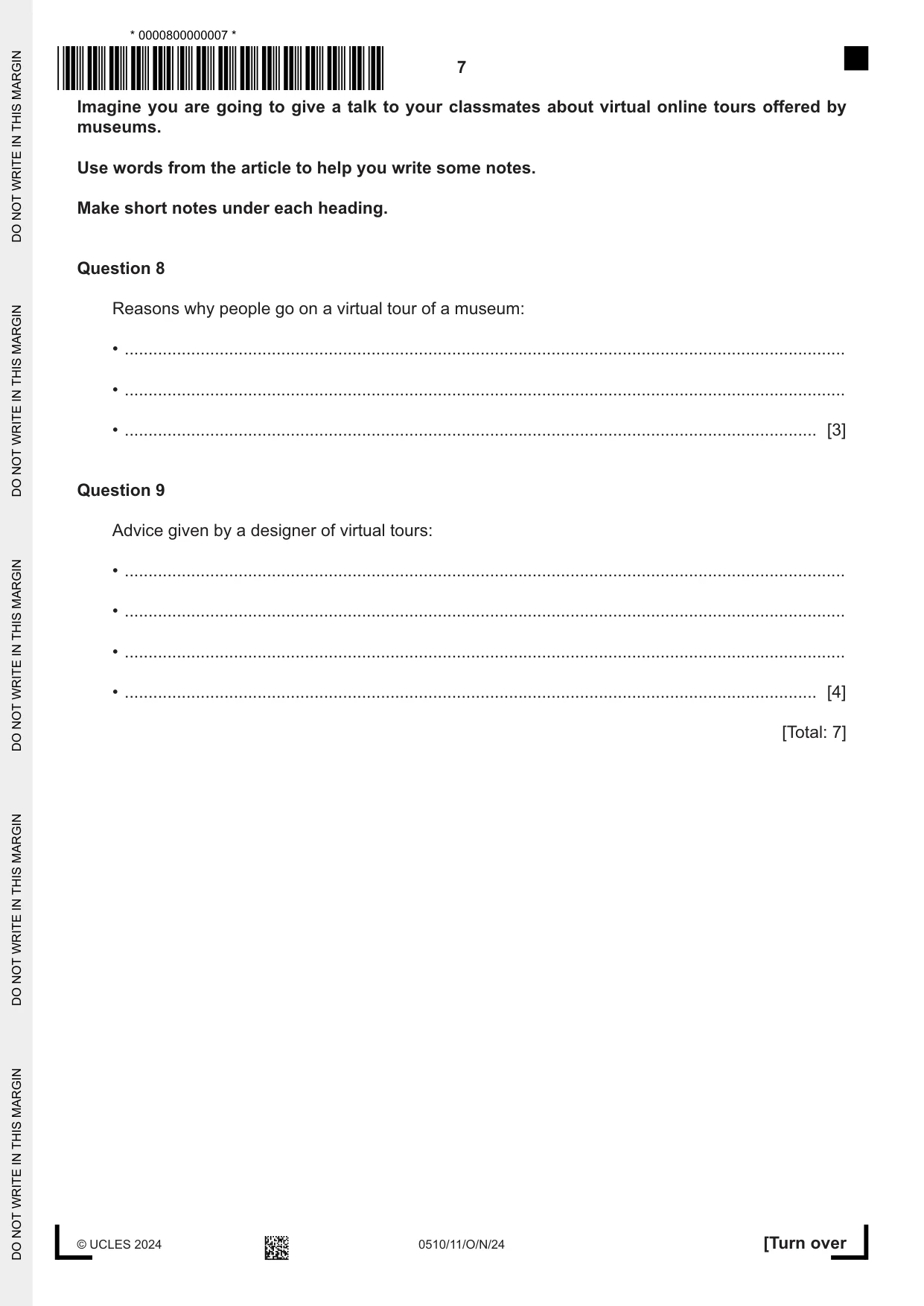Cambridge IGCSE English - Second Language (oral endorsement) 0510 2024 Oct/Nov Paper 1 · Variant 1 question paper, page 7 of 16