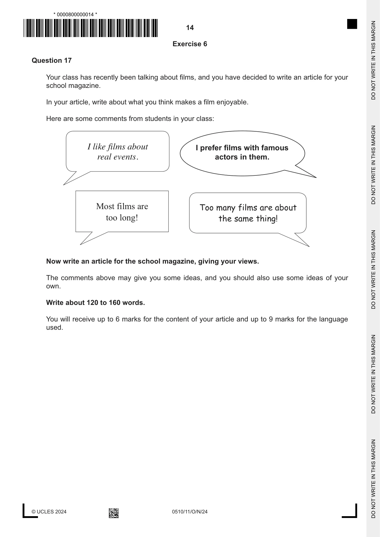Cambridge IGCSE English - Second Language (oral endorsement) 0510 2024 Oct/Nov Paper 1 · Variant 1 question paper, page 14 of 16