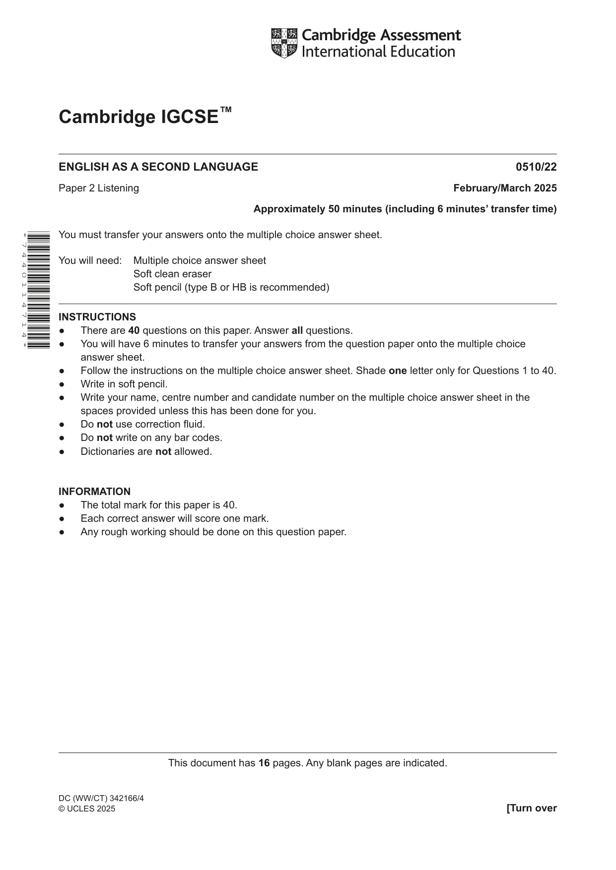 Cambridge IGCSE English - Second Language (oral endorsement) 0510 2025 Feb/March Paper 2 · Variant 2 question paper, page 1 of 16